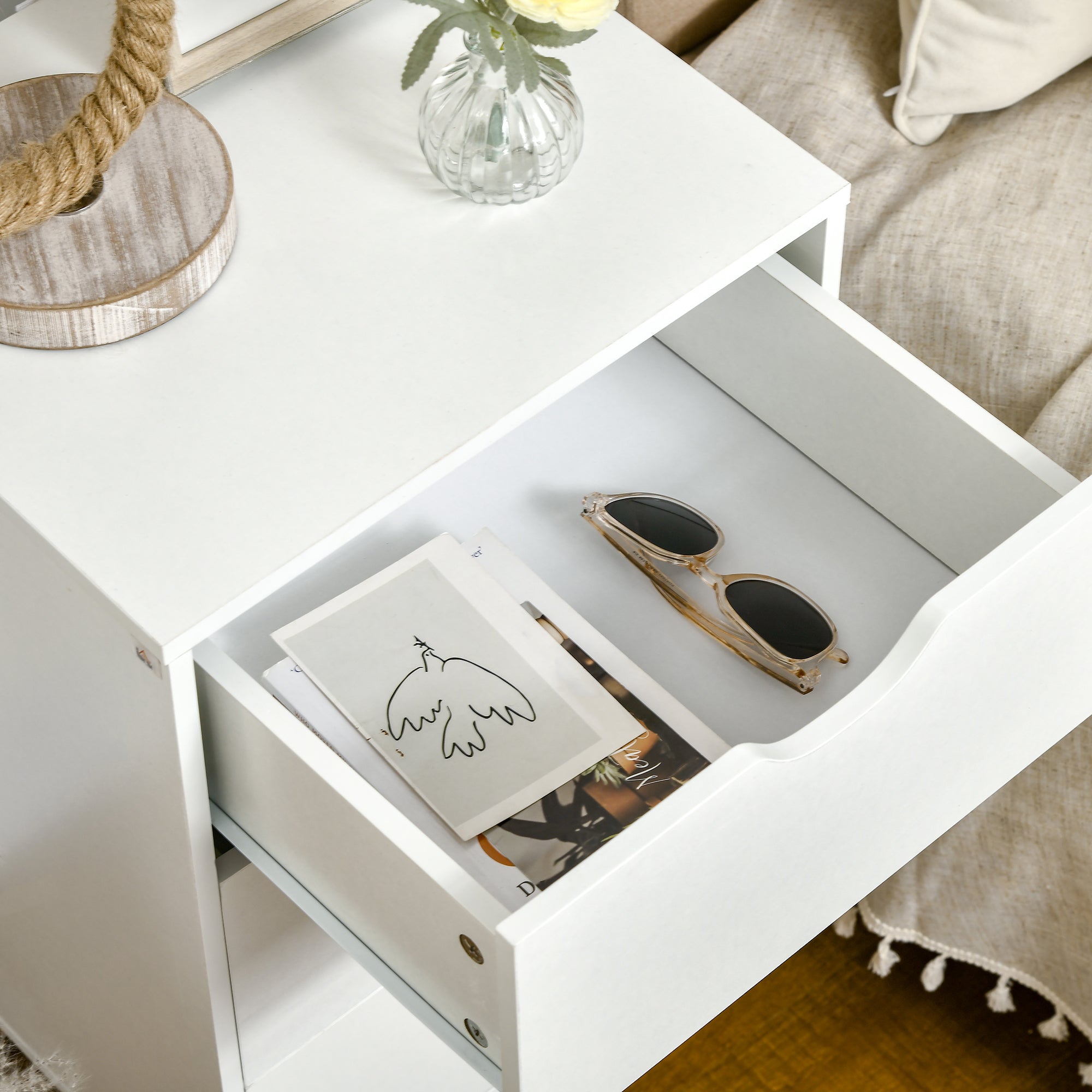 HOMCOM Bedside Table, Bedside Cabinet with 3 Drawers, Small Side Table with Wood Legs and Cut-out Handles for Bedroom, White - North Peak Garden Furniture