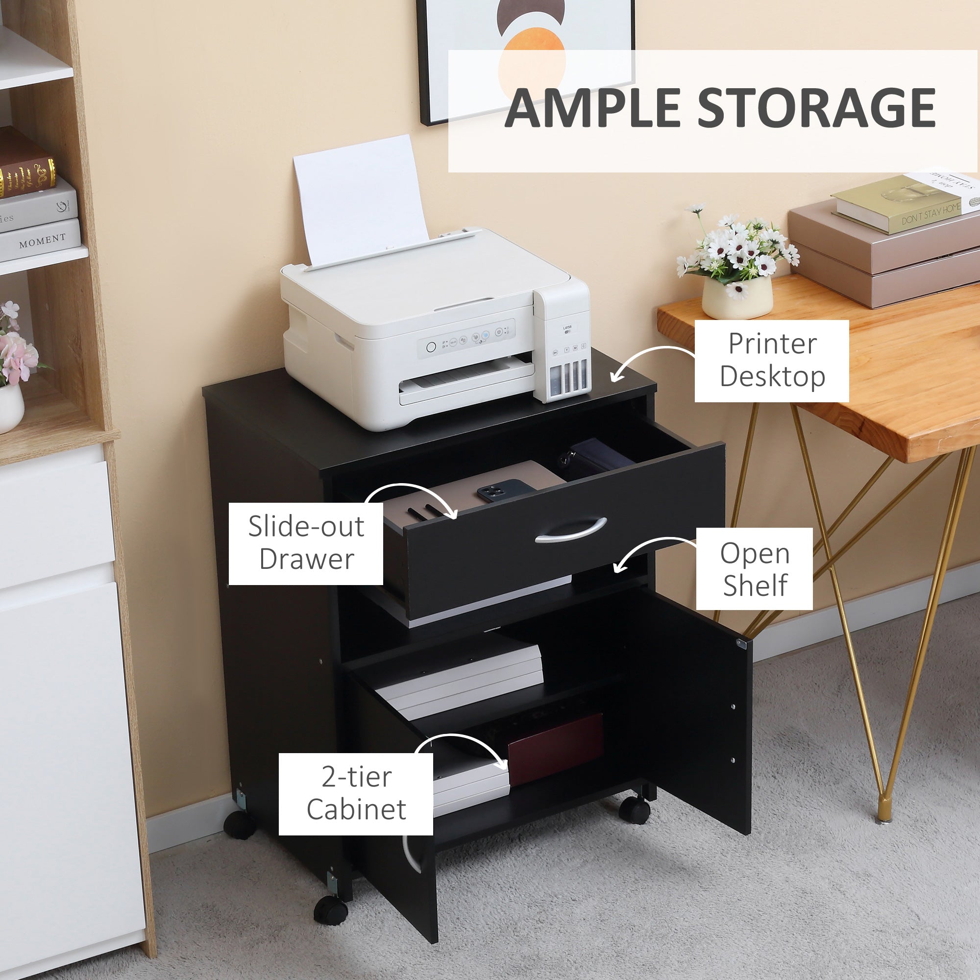 Vinsetto Printer Stand Mobile Printer Cabinet with Storage, Open Shelf, Drawer for Home Office, 60cm x 39cm x 80cm, Black - North Peak Garden Furniture