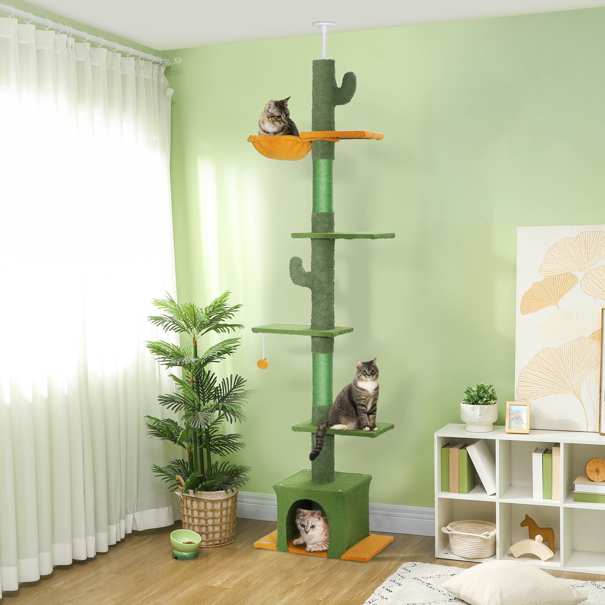 PawHut 230-275cm Floor-to-Ceiling Adjustable Cat Tree with Scratching Posts, Hammock - North Peak Garden Furniture