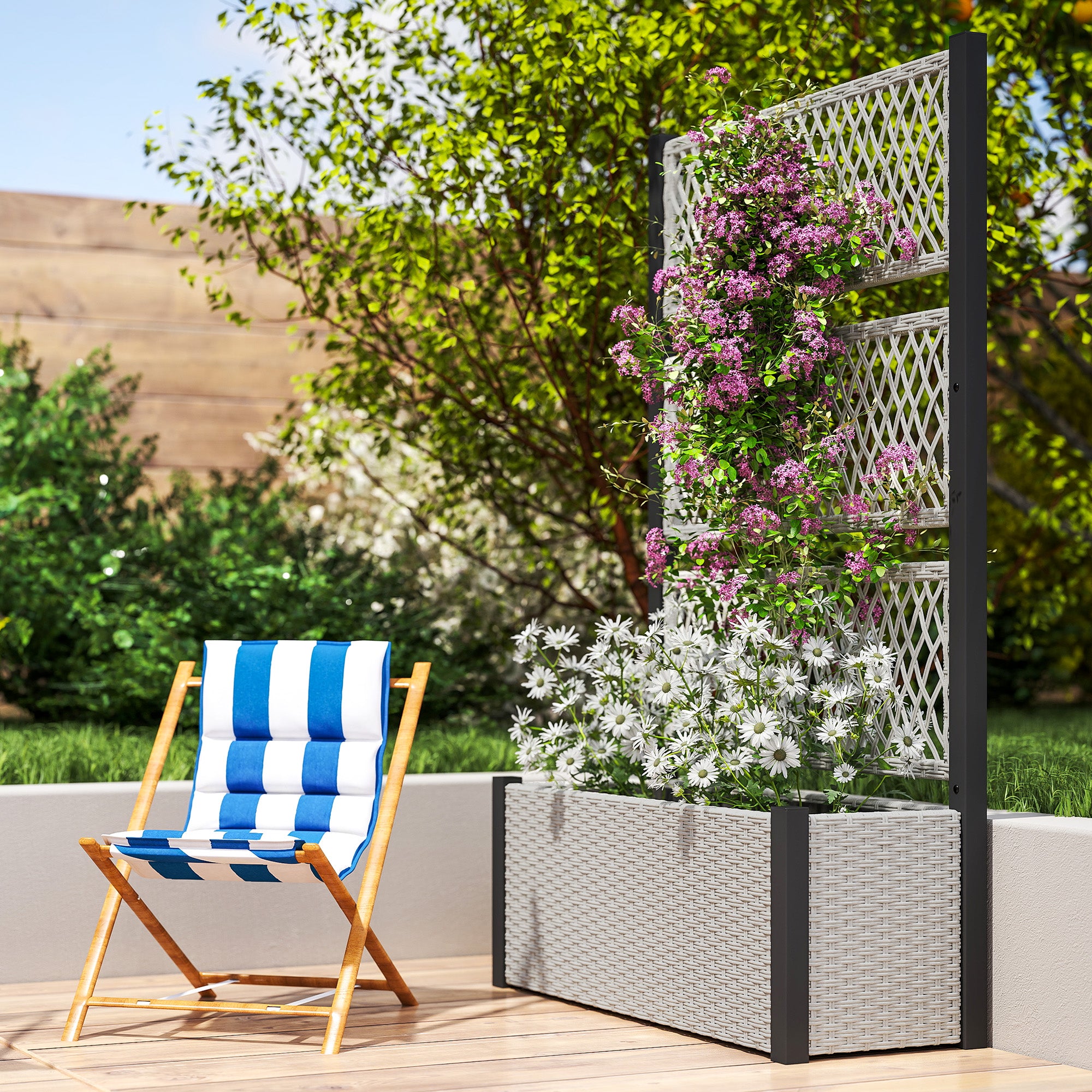 Outsunny Garden Planter Box with Trellis, Liner for Climbing Plants, Vegetables, Flowers, 90 x 35 x 148 cm, Mixed-grey - North Peak Garden Furniture