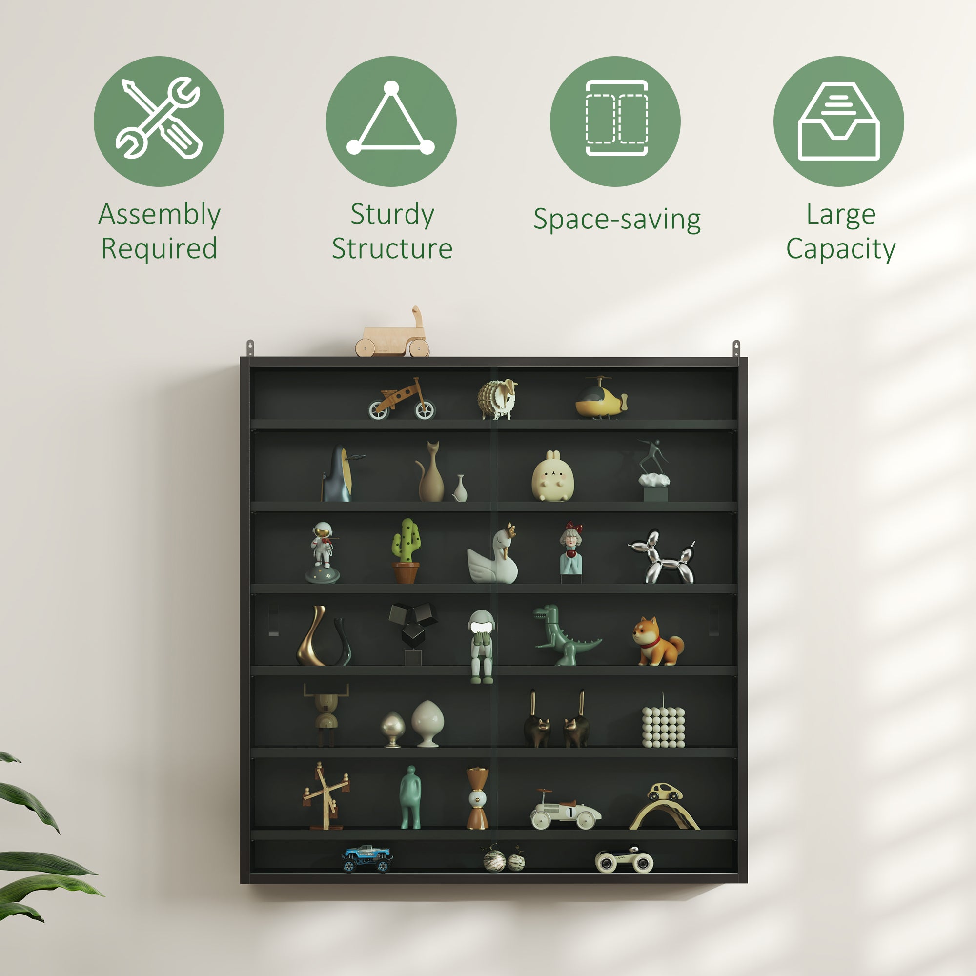 HOMCOM 7-Tier Wall Display Shelf Unit Cabinet w/ 6 Adjustable Shelves Glass Doors Home Office Ornaments 83x80cm, Black - North Peak Garden Furniture