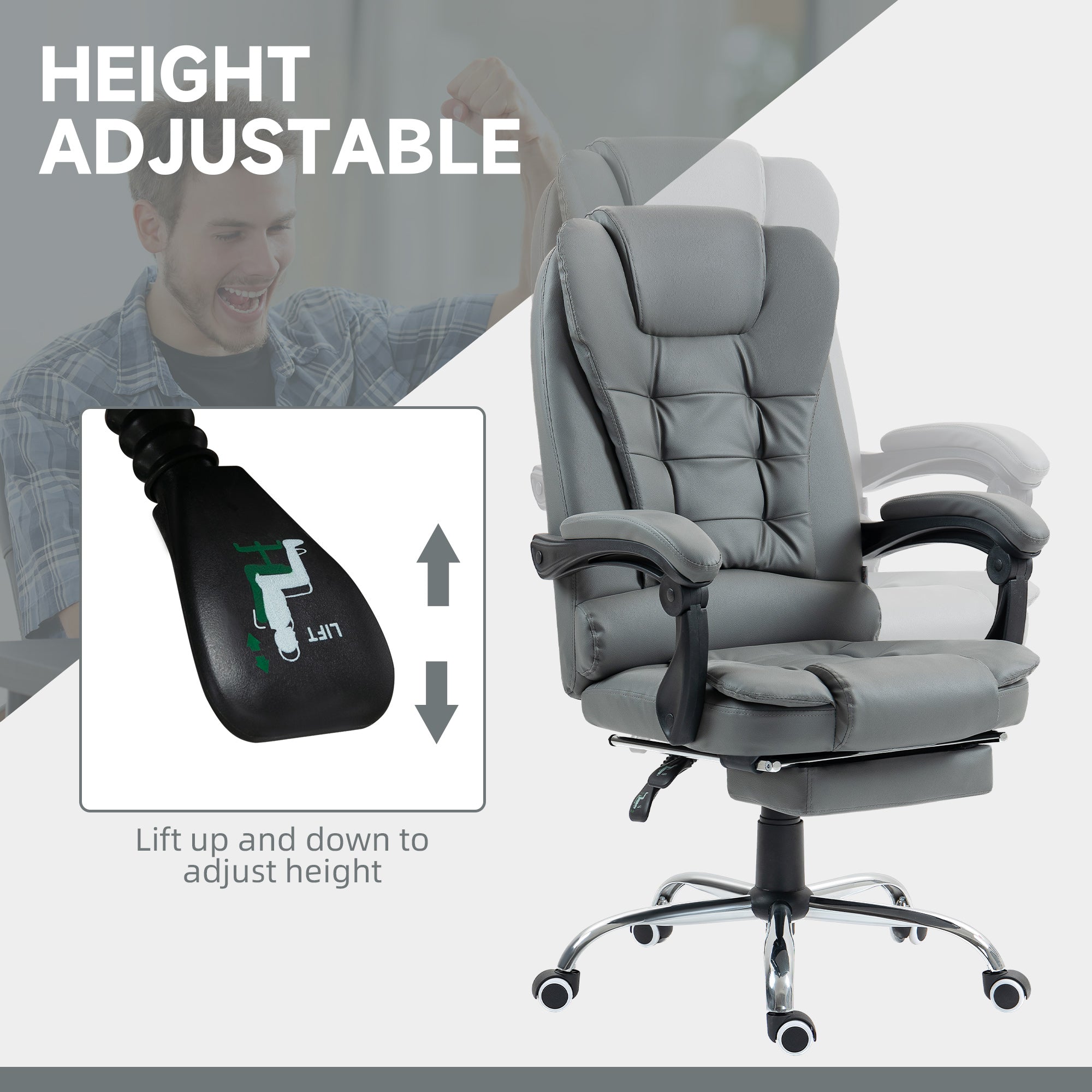 HOMCOM Executive Office Chair, PU Leather Home Office Chair with Swivel Wheels, Reclining Backrest, Retractable Footrest, Grey - North Peak Garden Furniture