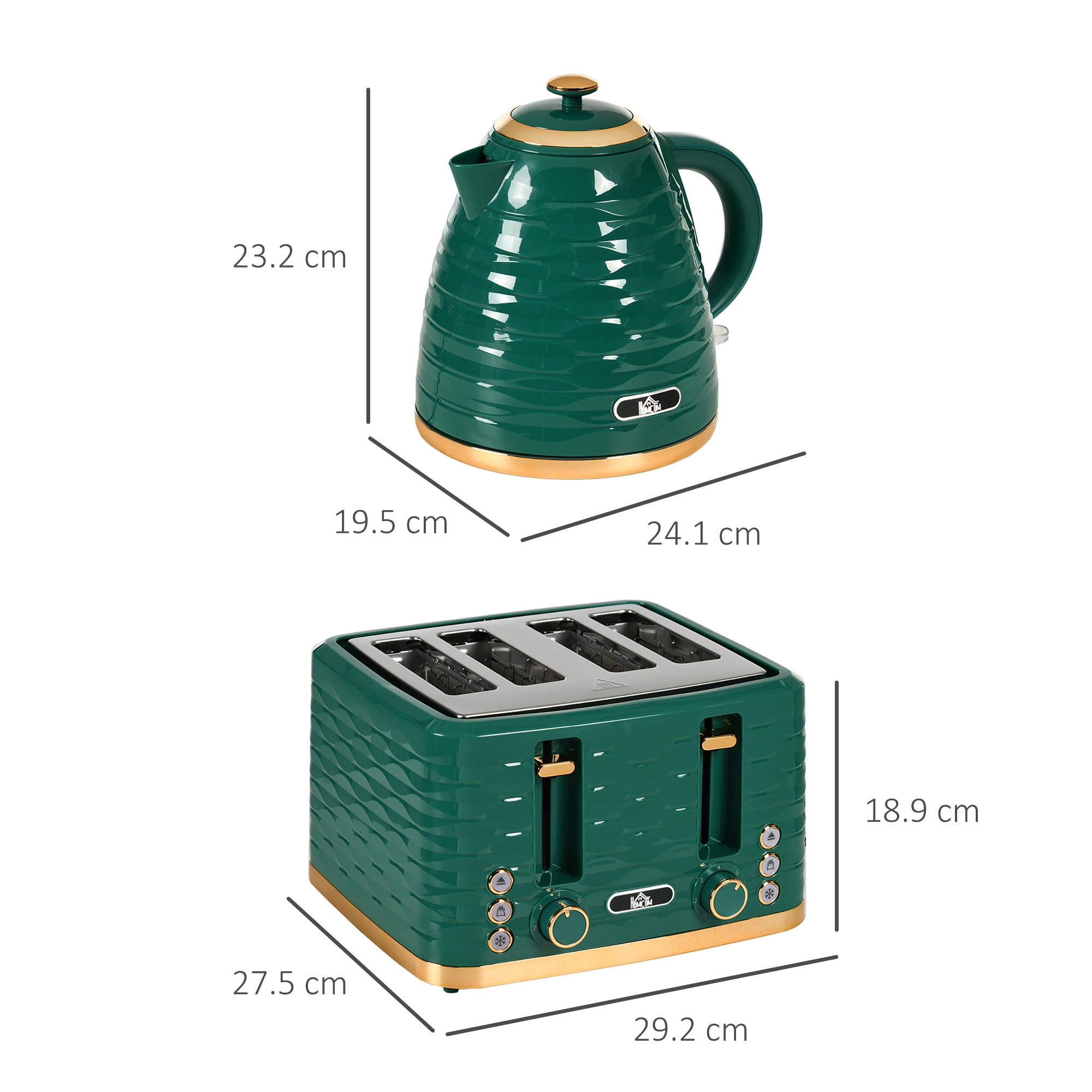 HOMCOM 3000W 1.7L Rapid Boil Kettle & 4 Slice Toaster, Kettle and Toaster Set with 7 Browning Controls and Crumb Tray, Green - North Peak Garden Furniture