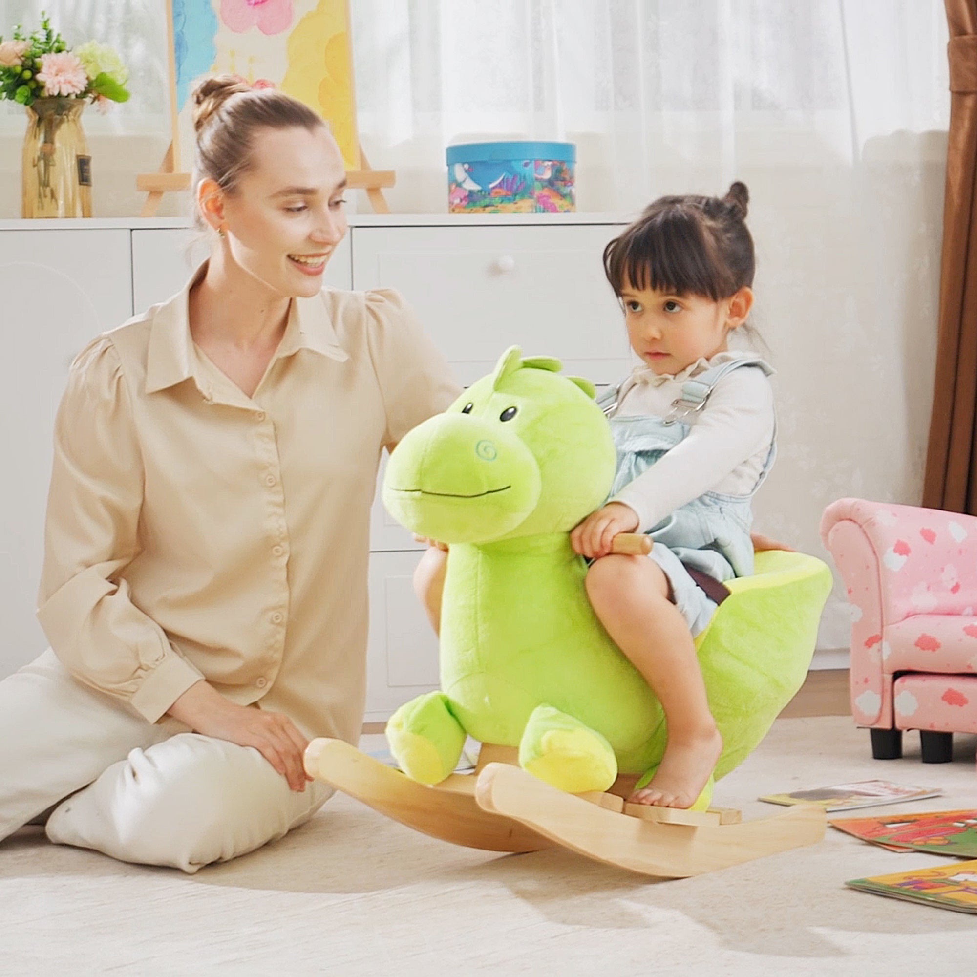 HOMCOM Kids Rocking Horse, Plush Ride-On Dinosaur Seat, with Seat Safety Belt, 32 Songs, Ride-On Horse - North Peak Garden Furniture