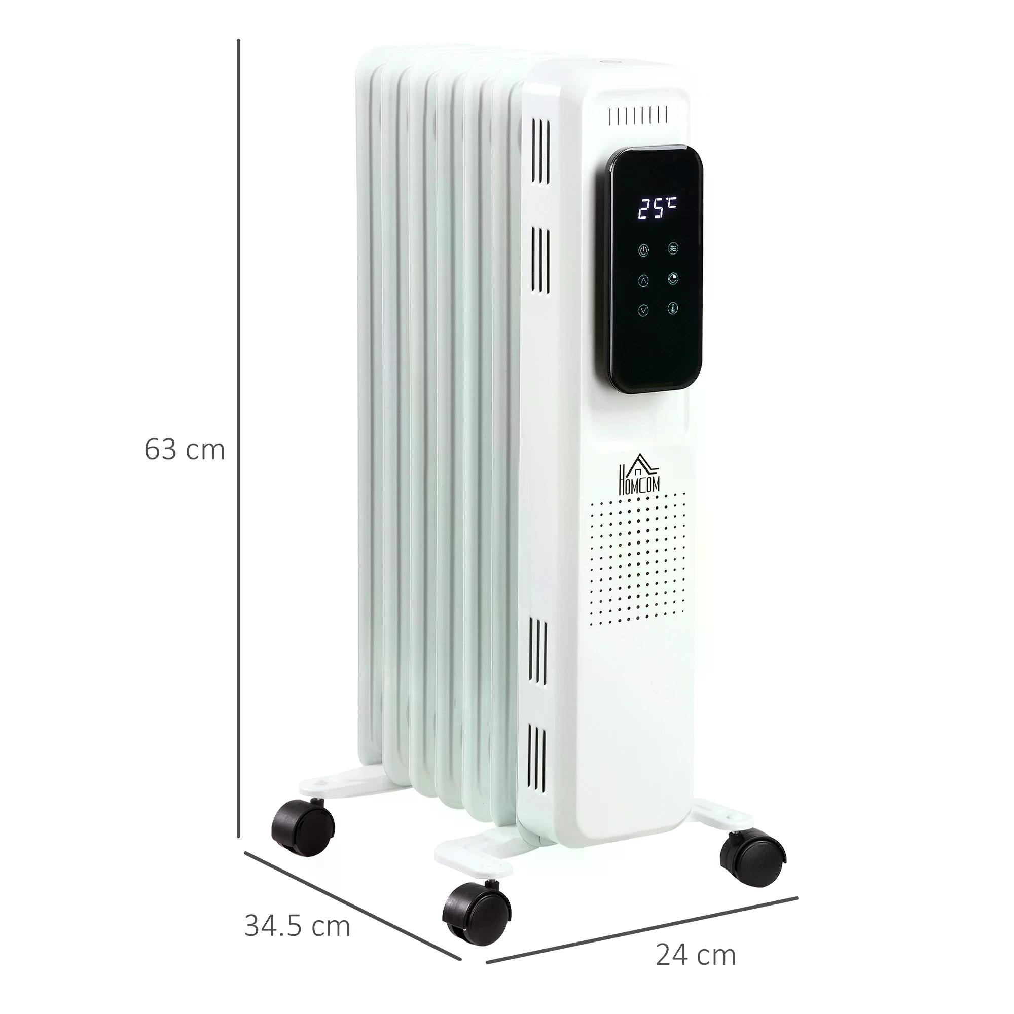 HOMCOM 1500W Oil Filled Radiator, 7 Fin Portable Electric Heater with LED Display, 24H Timer, 3 Heat Settings, Adjustable Thermostat, Safety Cut off, Remote Control, White