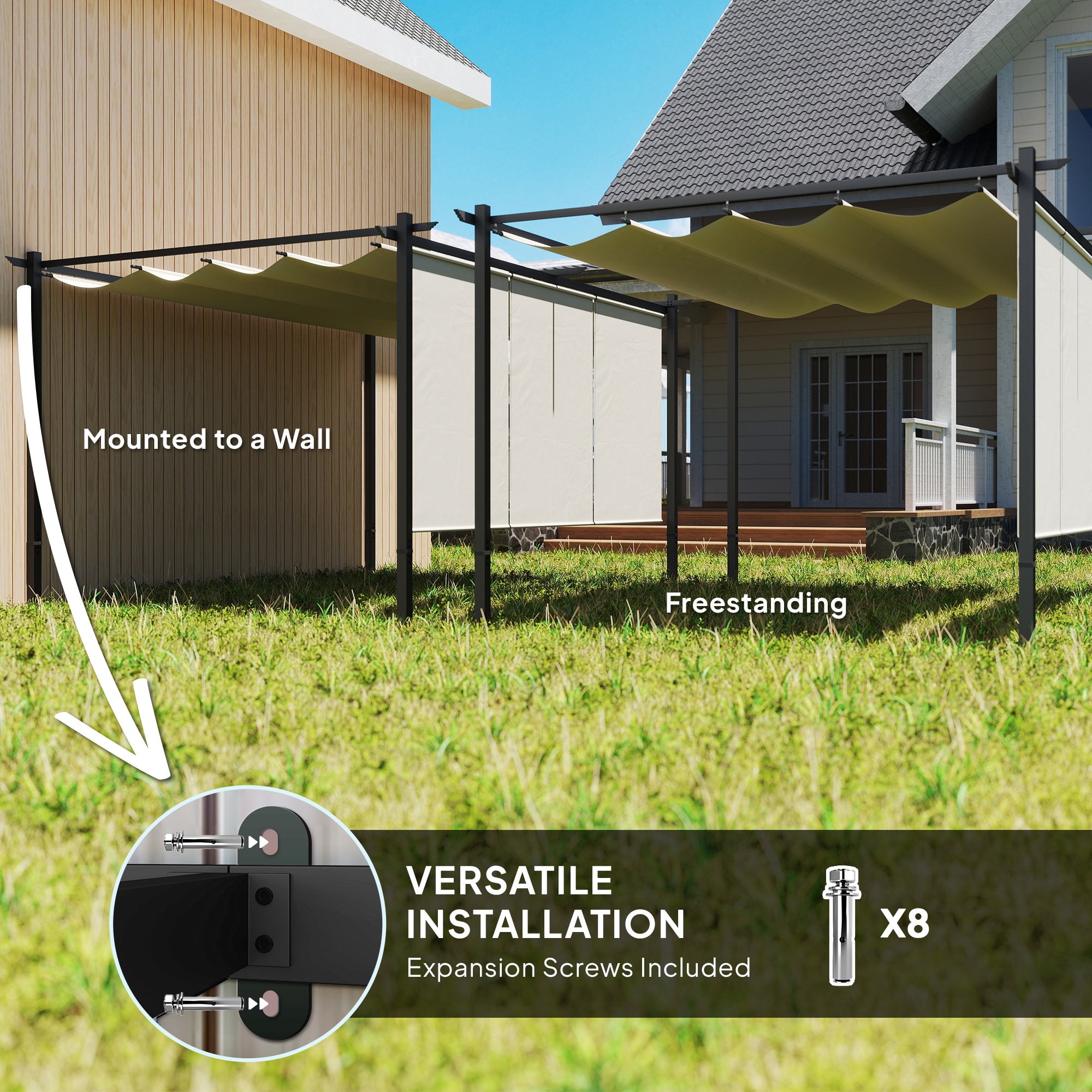 Outsunny 3 x 4m Metal Pergola with Retractable Roof and Roller Shade, Wall-Mounted or Free Standing Garden Gazebo Canopy Pergola Kit, UPF30+ Outdoor Sun Shade Shelter, Beige