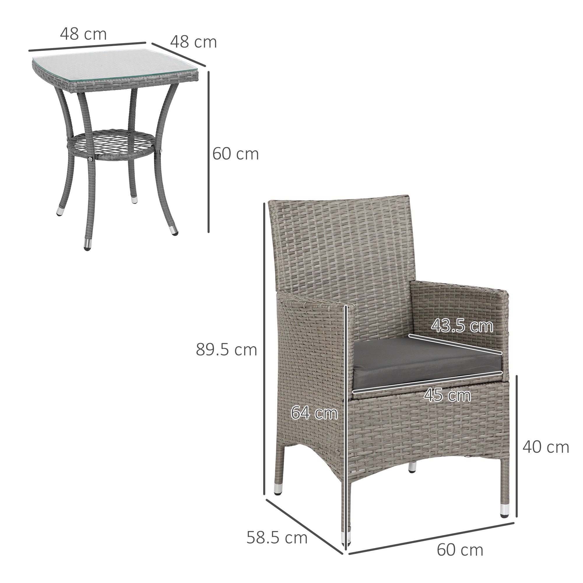 Outsunny 3 Pieces Rattan Bistro Set, Wicker Garden Furniture Set with 2-Tier Coffee Table and Chairs, Washable Cushions, for Outdoor Patio Balcony, Grey - North Peak Garden Furniture