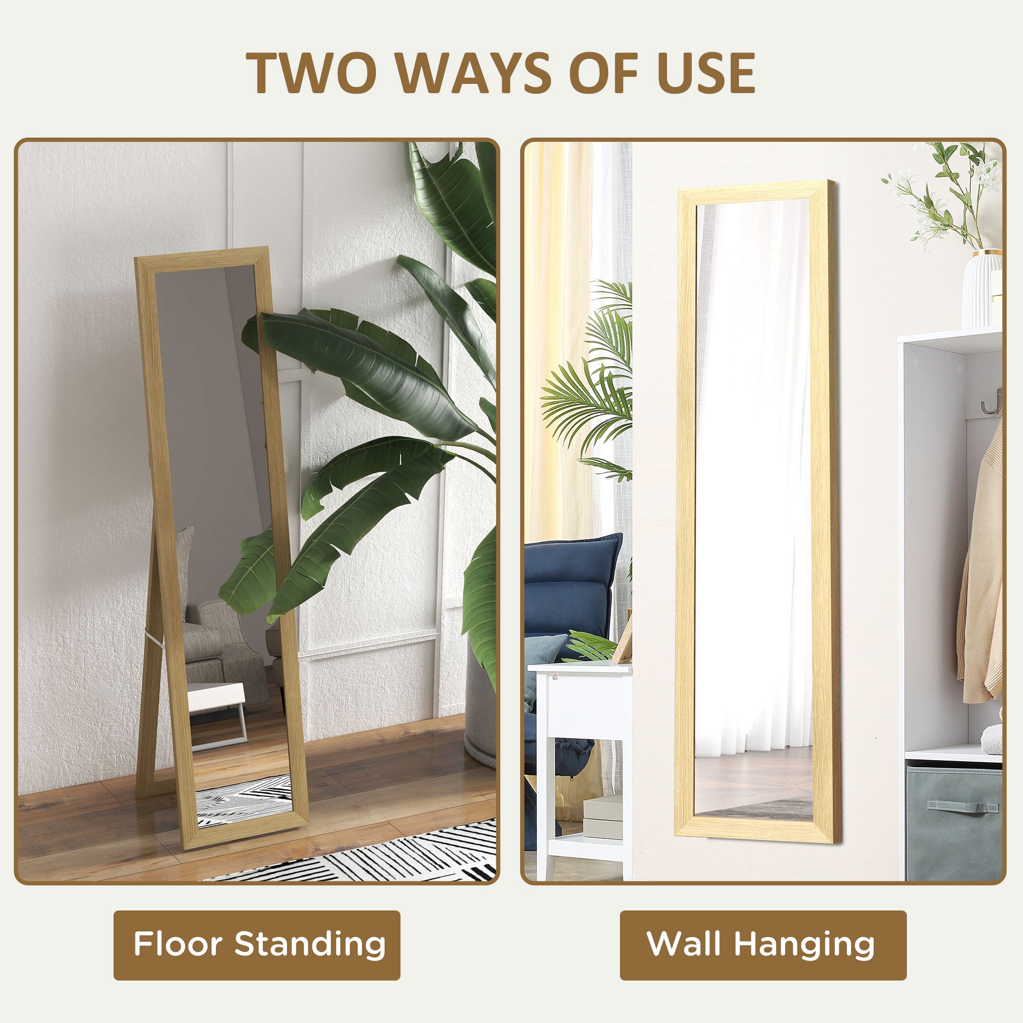 HOMCOM Rustic Full Length Mirror, Hanging and Freestanding Floor Mirror, Farmhouse Decorative Wall Mirror, for Living Room, Bedroom, 157 cm, Natural - North Peak Garden Furniture