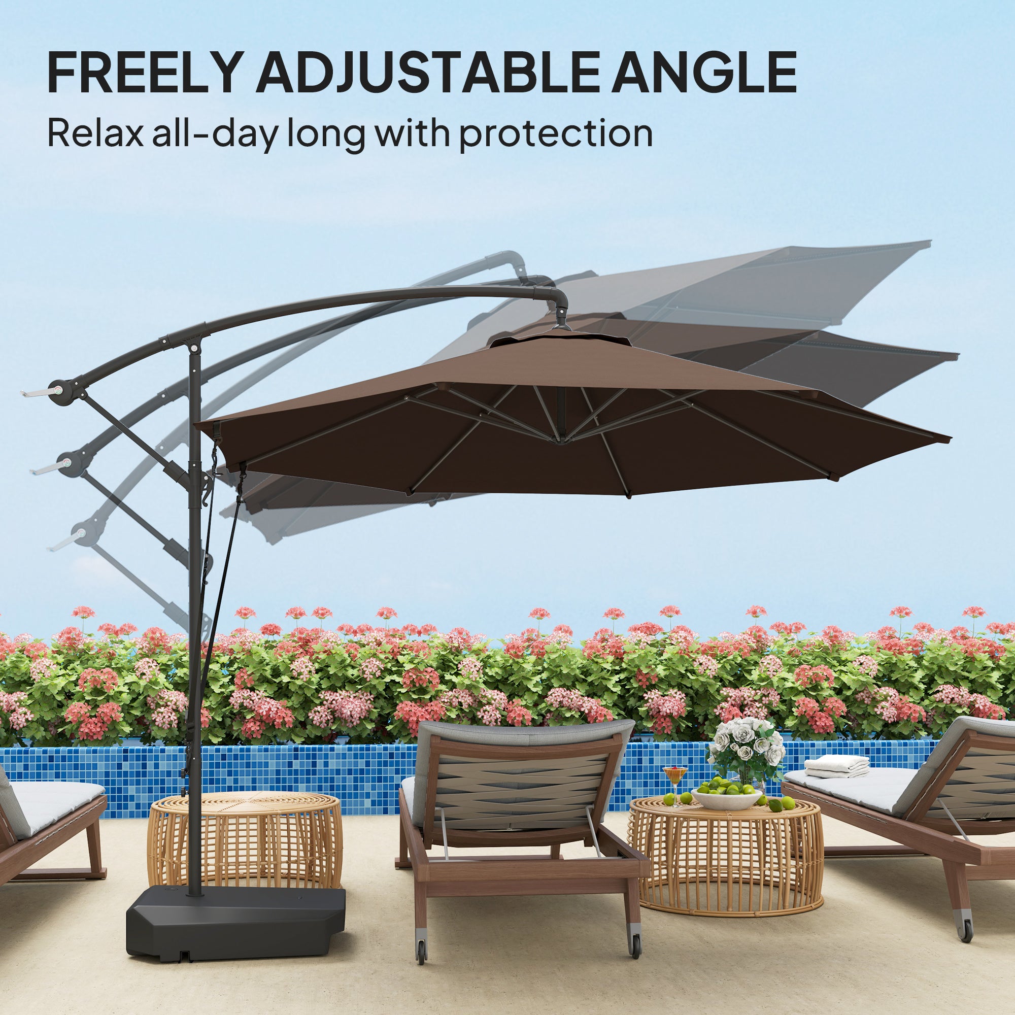Outsunny 3(m) Garden Cantilever Parasol with Fillable Base up to 90kg, Wind Protection Strap, Cover, Round Banana Hanging Umbrella with Crank Handle and Tilt, UPF50+ Patio Umbrella, Brown