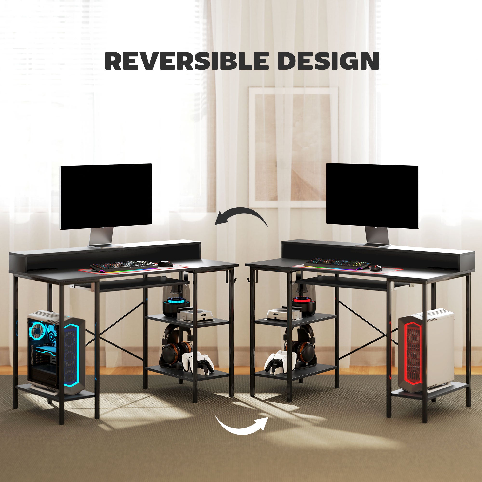 HOMCOM Reversible Computer Desk with LED Lights and Power Outlets, 120 x 55 cm Gaming Desk with Monitor Stand, Sliding Keyboard Tray and Storage Shelves, Industrial Home Office Desk, Black - North Peak Garden Furniture