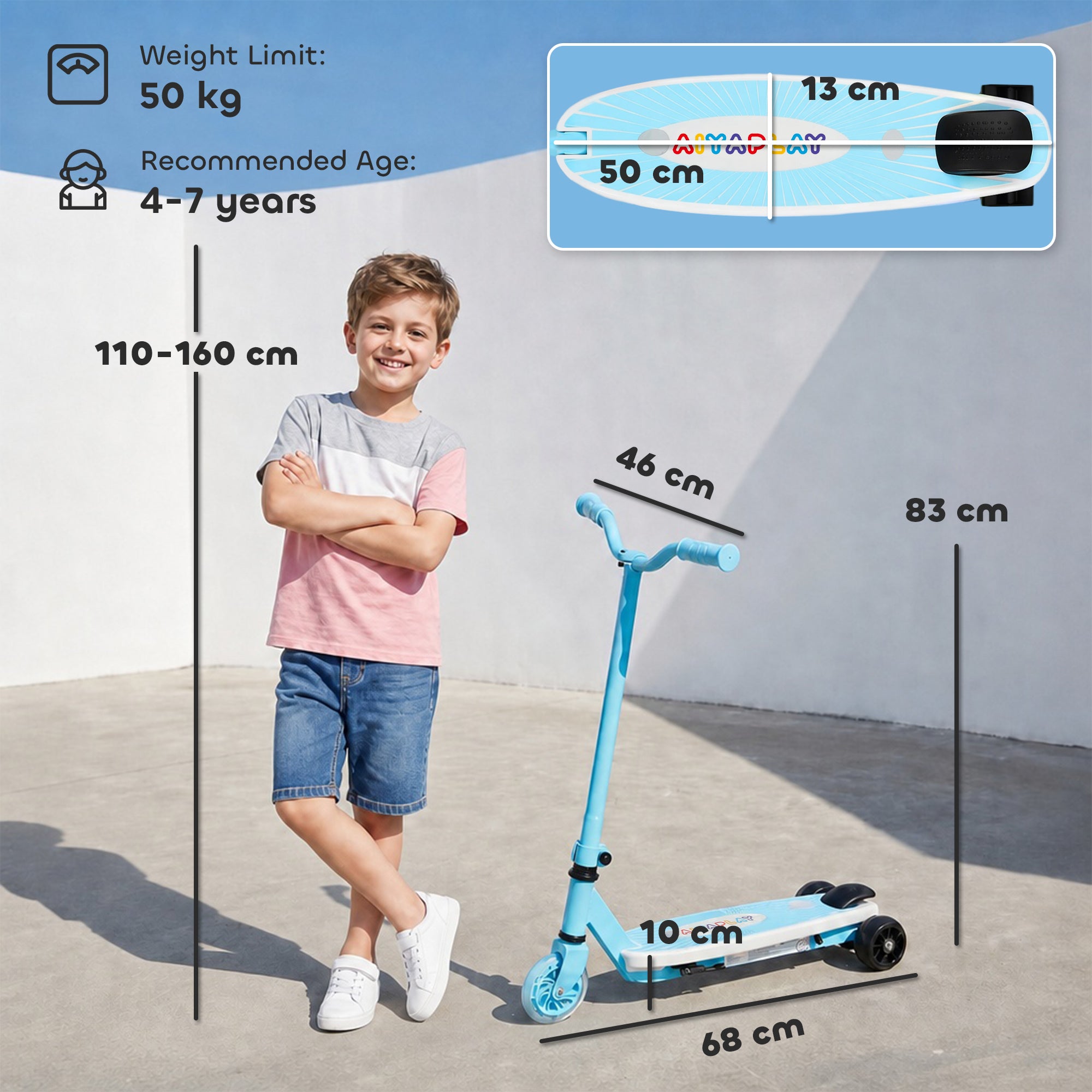 AIYAPLAY Electric Scooter for Kids Ages 4-7, with Auxiliary Rear Wheels, Flashing LED Light and Electric Brake, Kids Electric Scooter for Boys Girls, 6 KM/H & 8 KM, Blue