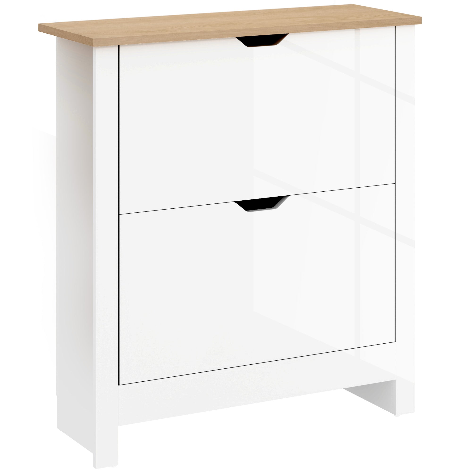 HOMCOM Slim Shoe Cabinet, Narrow Shoe Cupboard with 2 Flip Drawers, Adjustable Shelves for 12 Pairs of Shoes, High Gloss White - North Peak Garden Furniture