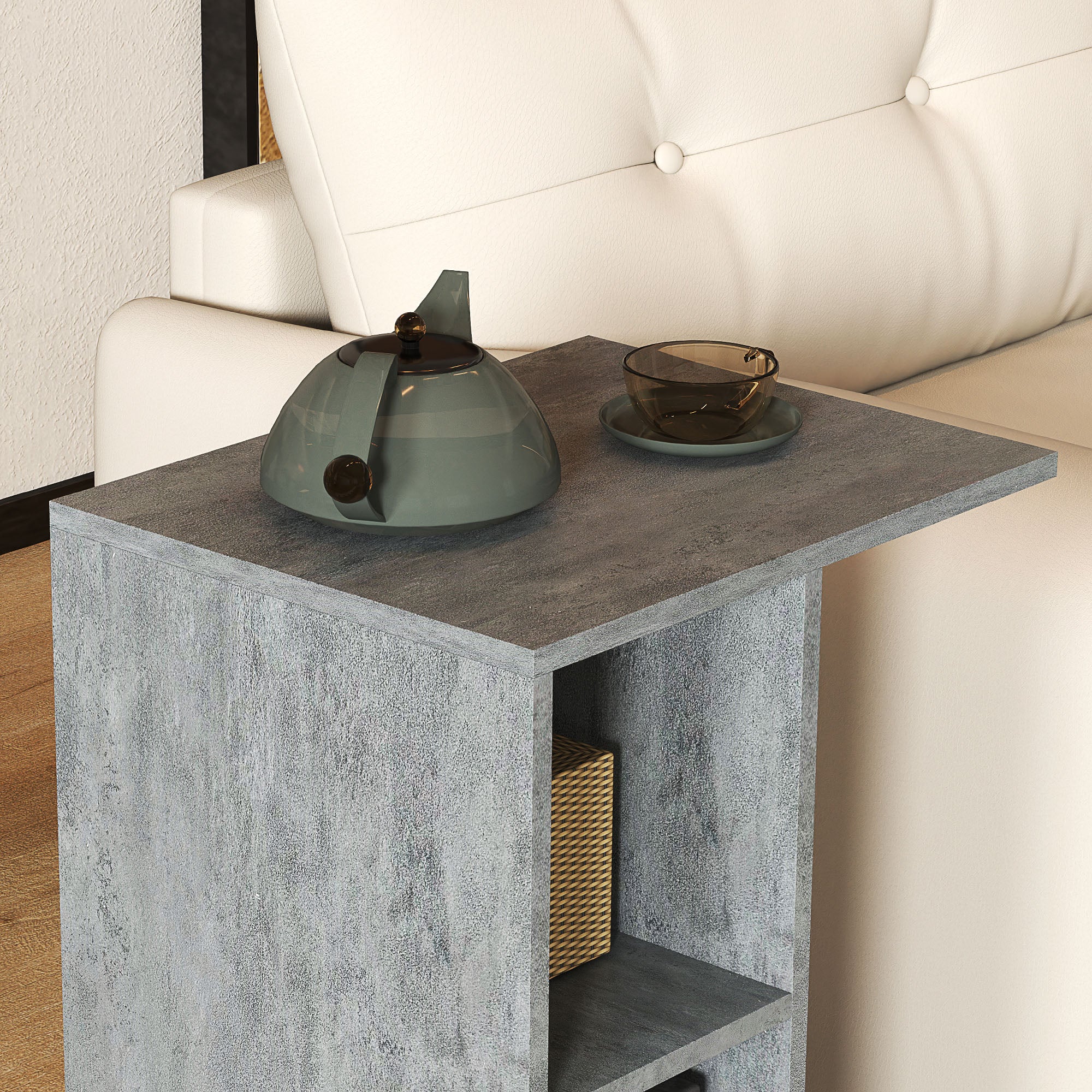HOMCOM C-Shape End Table Unique Storage Unit w/ 2 Shelves 4 Wheels Freestanding Home Office Furniture Cabinet Square Studio Grey - North Peak Garden Furniture