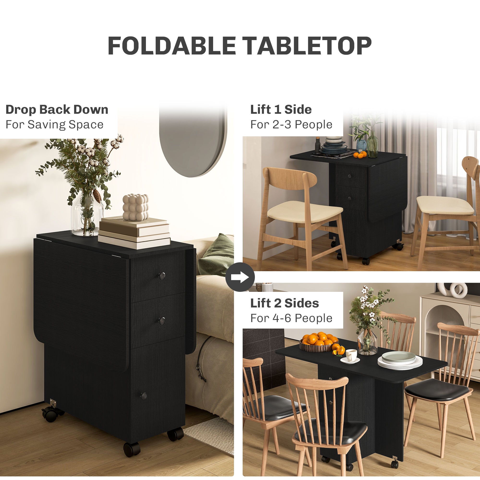 HOMCOM Multi-Storage Six-Person Drop Leaf Dining Table - Distressed Black - North Peak Garden Furniture