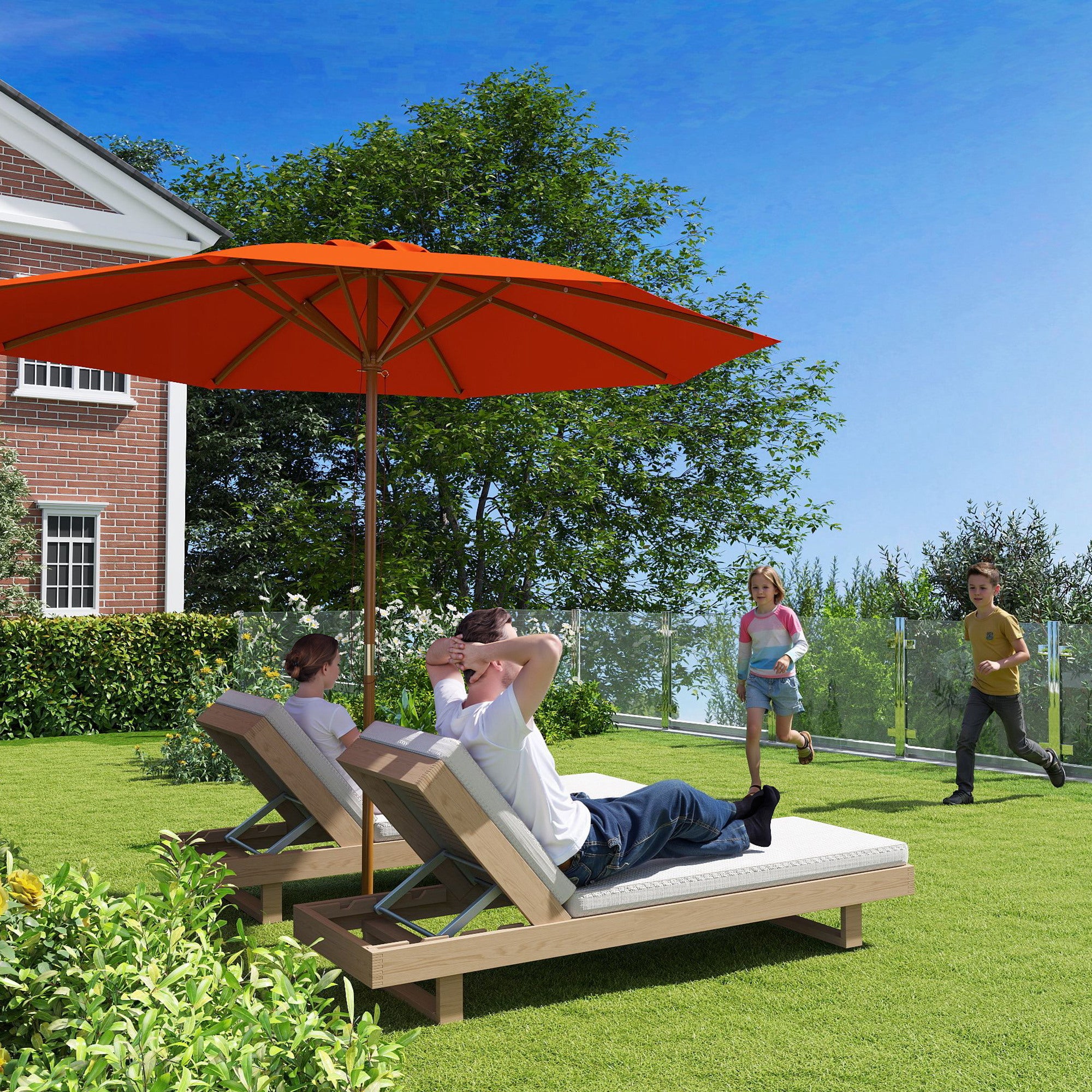Outsunny 3m Wood Pole Parasol Umbrella - Orange - North Peak Garden Furniture