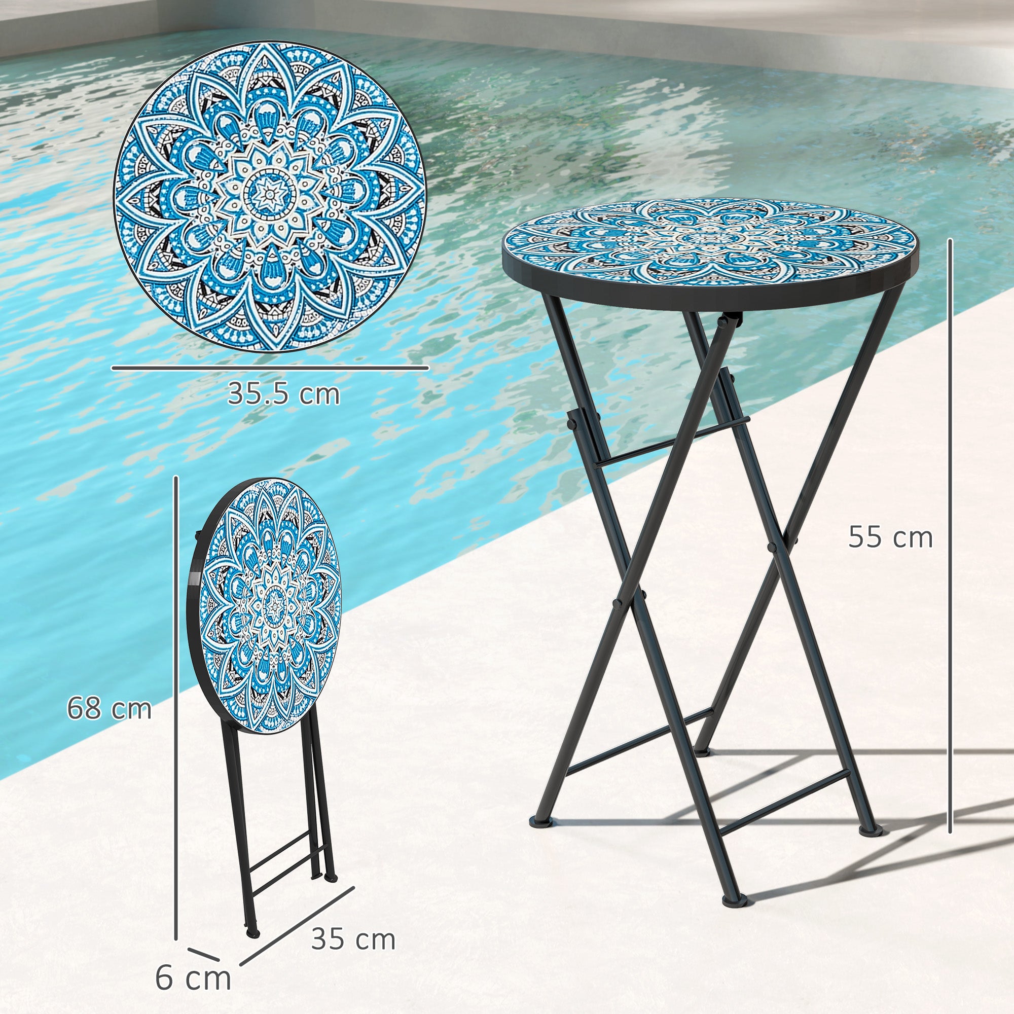 Outsunny Mosaic Outdoor Garden Table, 35.5cm Round Folding Coffee Table with Metal Frame for Balcony Terrace, Blue