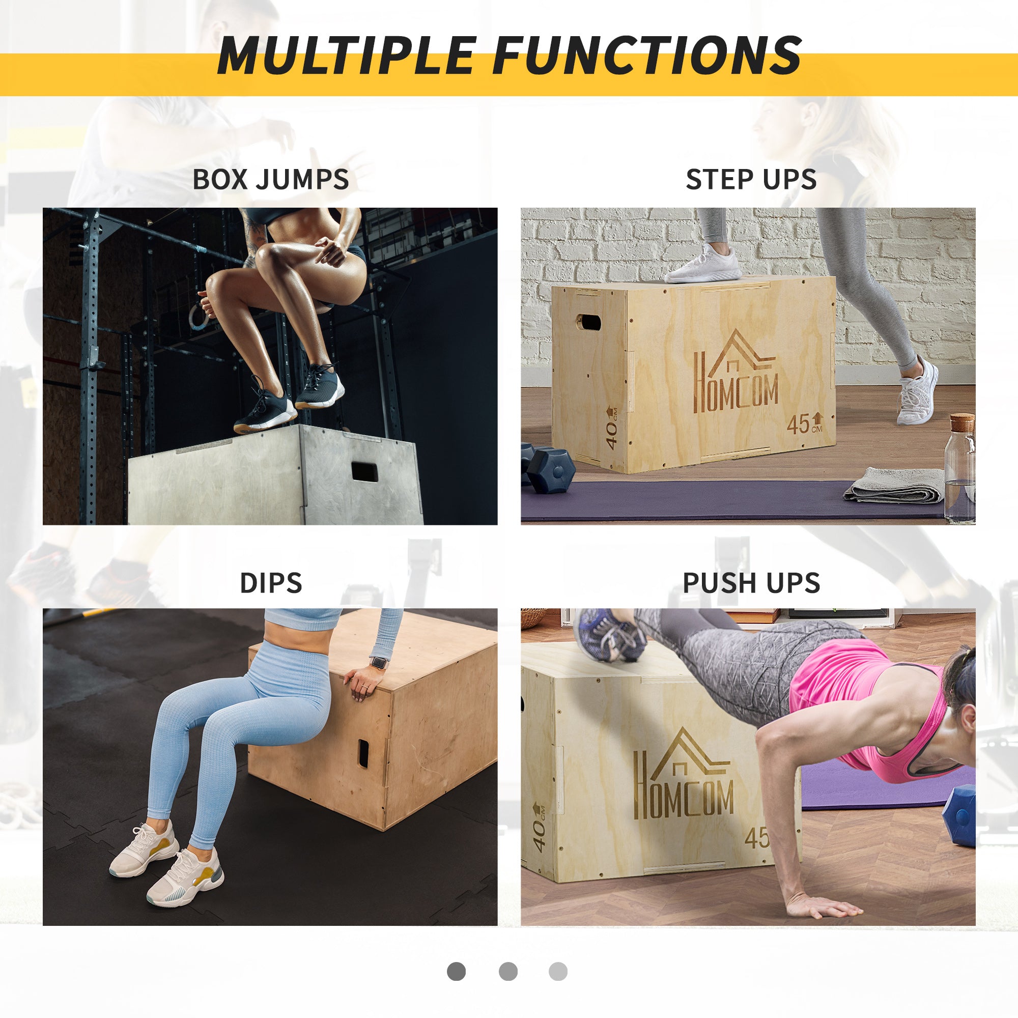 HOMCOM 3-in-1 Wooden Plyo Box, Plyometric Jump Box with Handle Openings for Home Gym, Workout Training, Natural - North Peak Garden Furniture