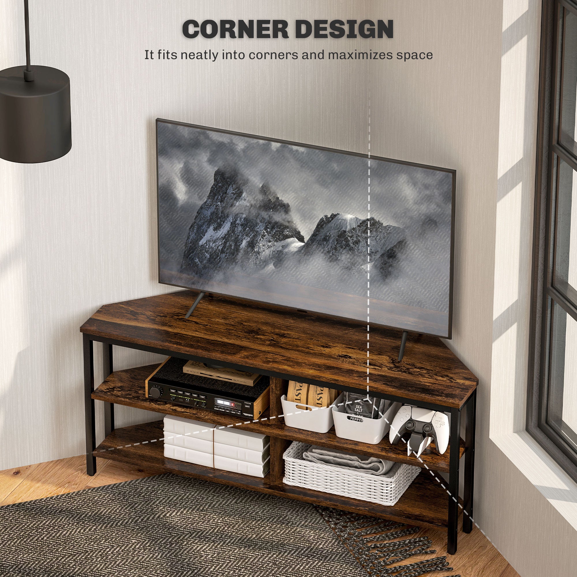 HOMCOM Industrial-Style Corner TV Unit - Black/Brown - North Peak Garden Furniture