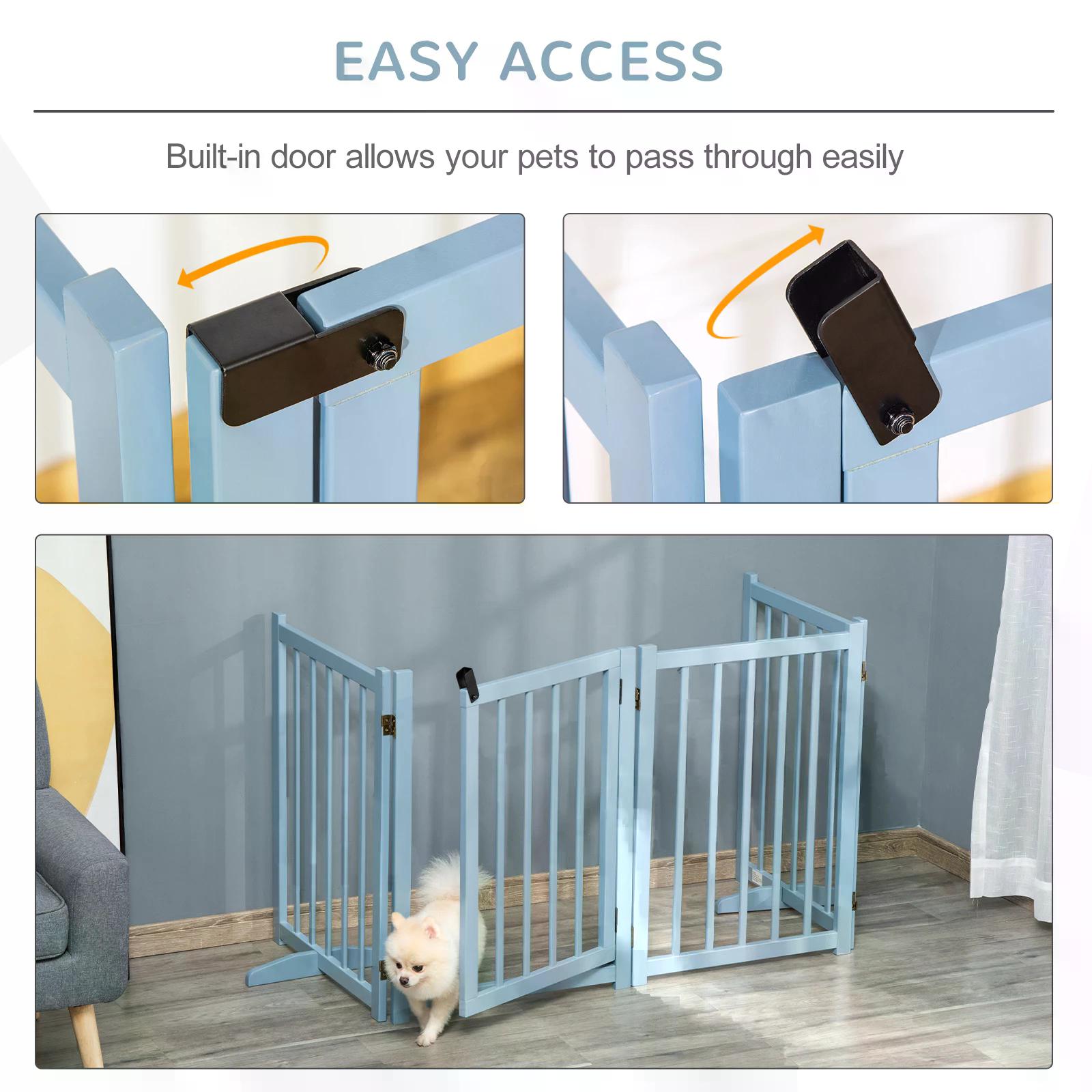 PawHut Pet Gate Wooden Foldable Dog Safety Barrier w/ 4 Panels for Small and Medium Dogs Blue