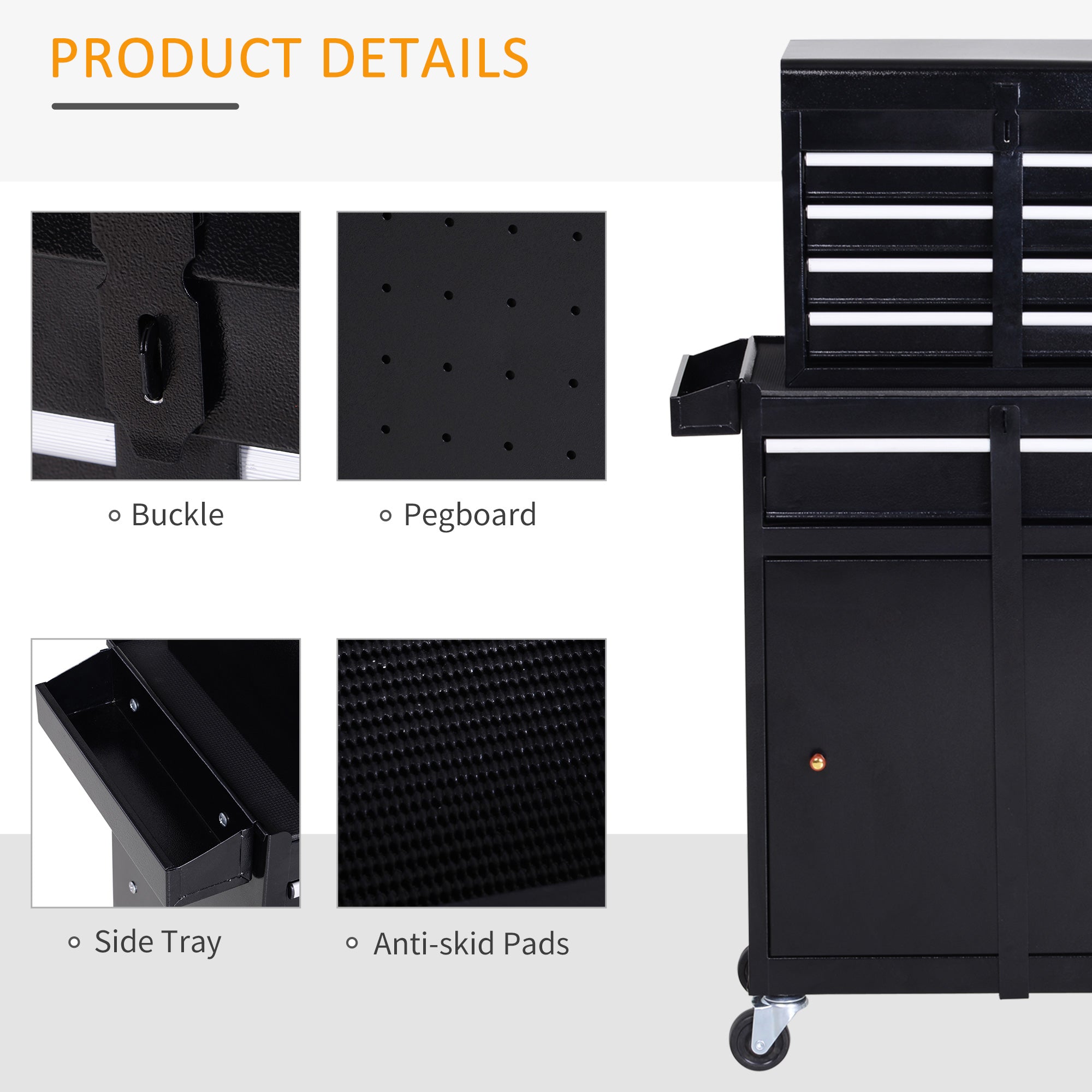 DURHAND Tool Chest 2 in 1 Metal Tool Cabinet Storage Box with 5 Drawers Pegboard Wheels 60x28x104.5cm Black - North Peak Garden Furniture