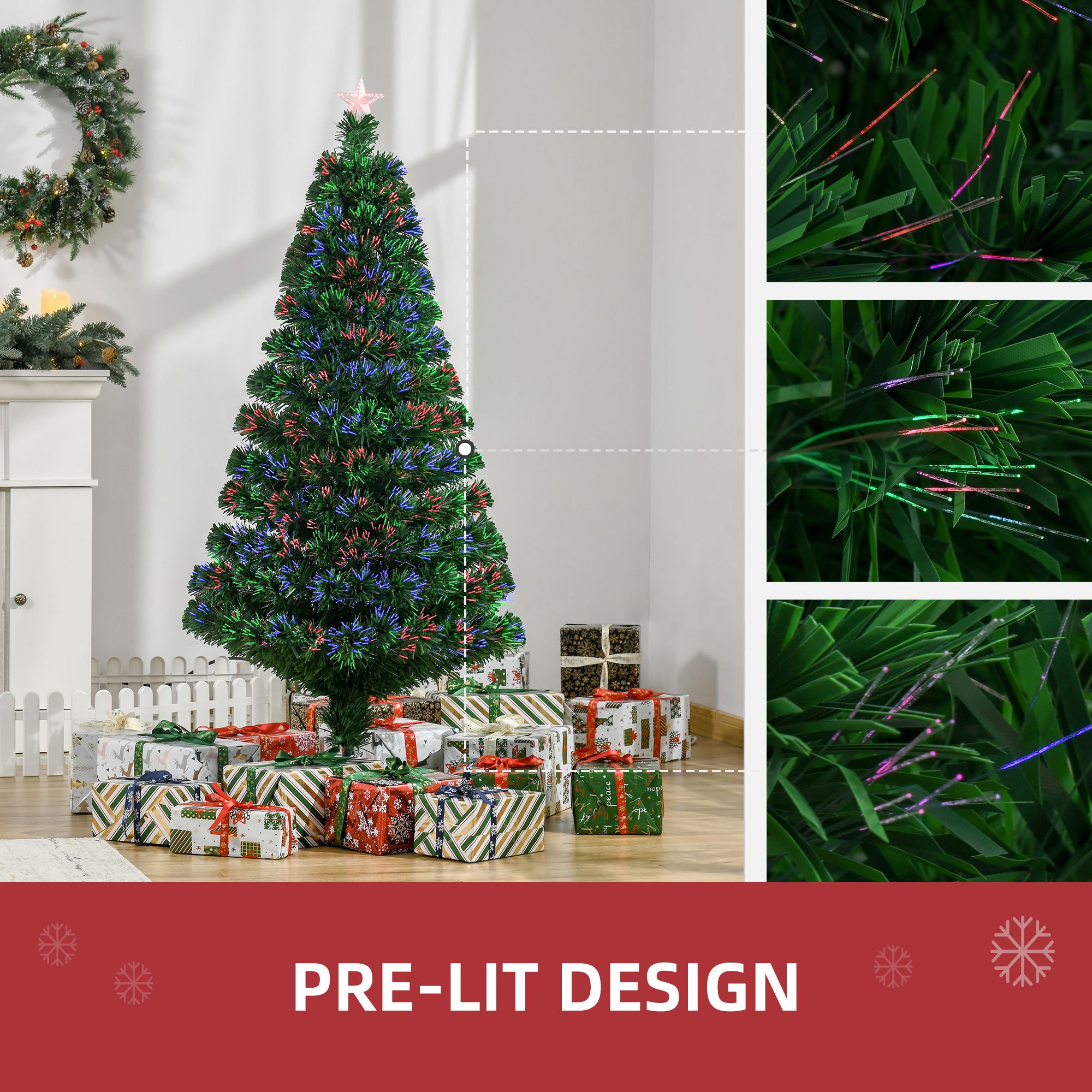 HOMCOM 5FT Pre-Lit Fibre Optic Artificial Christmas Tree Holiday Xmas Décor with Tree Topper Multi-Colour