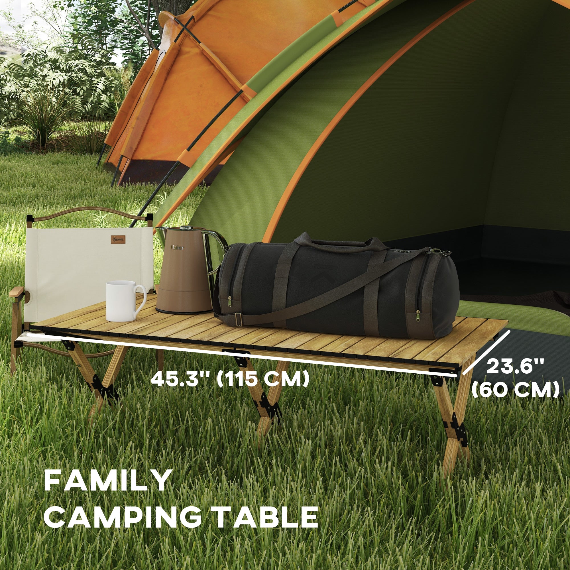 Outsunny Portable Camping Table, 4ft Aluminium Folding Table with Roll-Up Top, Picnic Table for Indoor, Outdoor, Party, BBQ, Beach, Natural Wood Effect - North Peak Garden Furniture