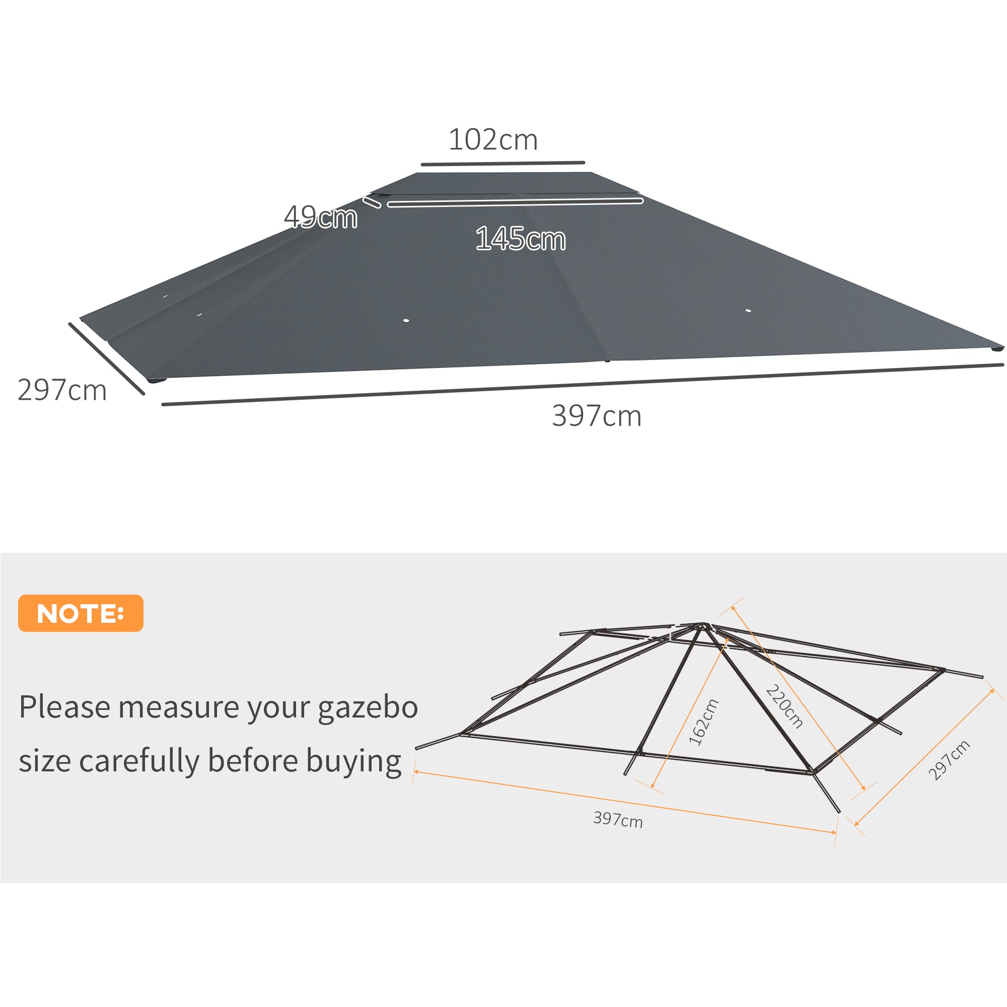 Outsunny 3 x 4m Gazebo Canopy Replacement Cover, Gazebo Roof Replacement (TOP COVER ONLY), Dark Grey - North Peak Garden Furniture