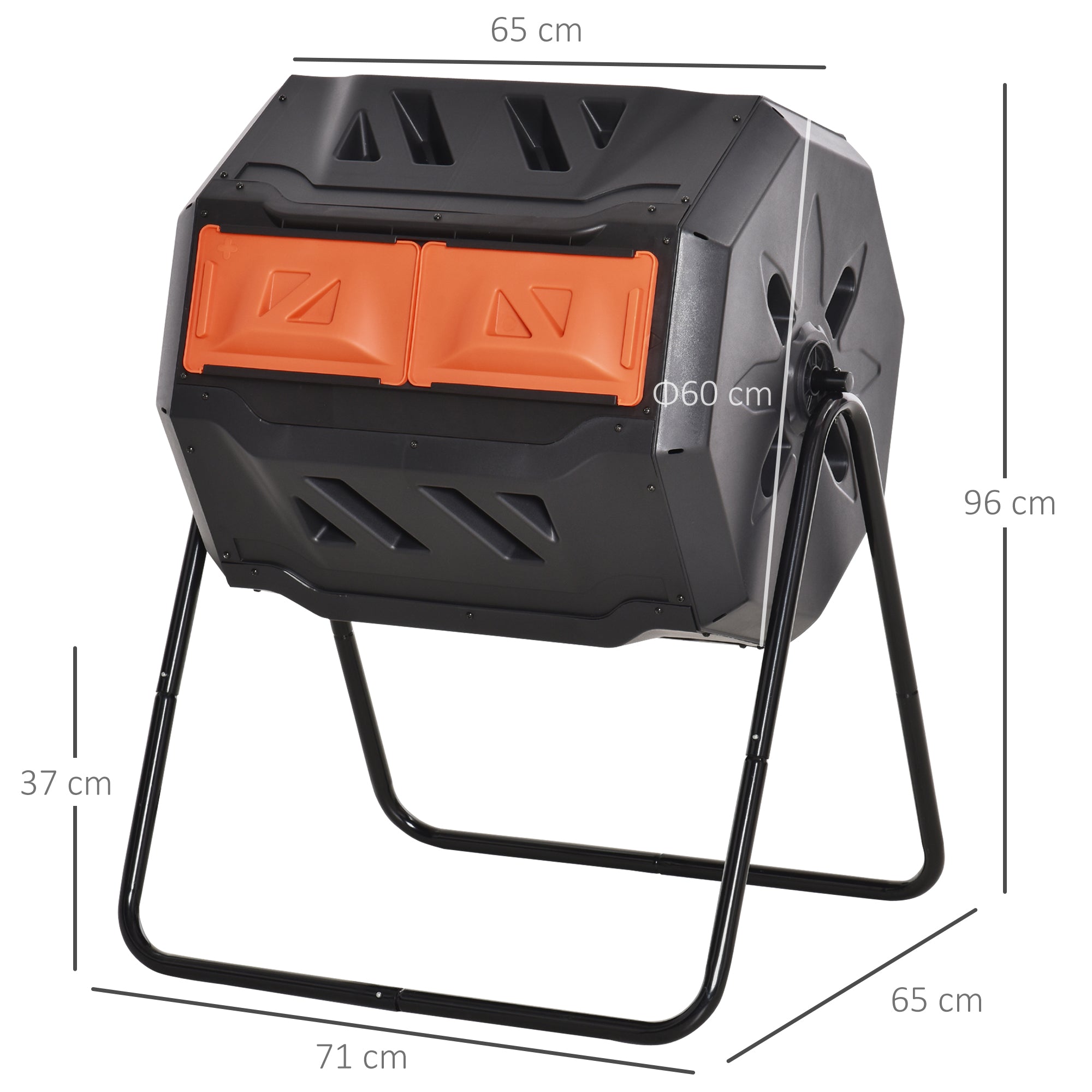 Outsunny 160L Tumbling Compost Bin Outdoor Dual Chamber 360° Rotating Composter, Garden Compost Bin w/ Sliding Doors & Solid Steel Frame, Orange - North Peak Garden Furniture