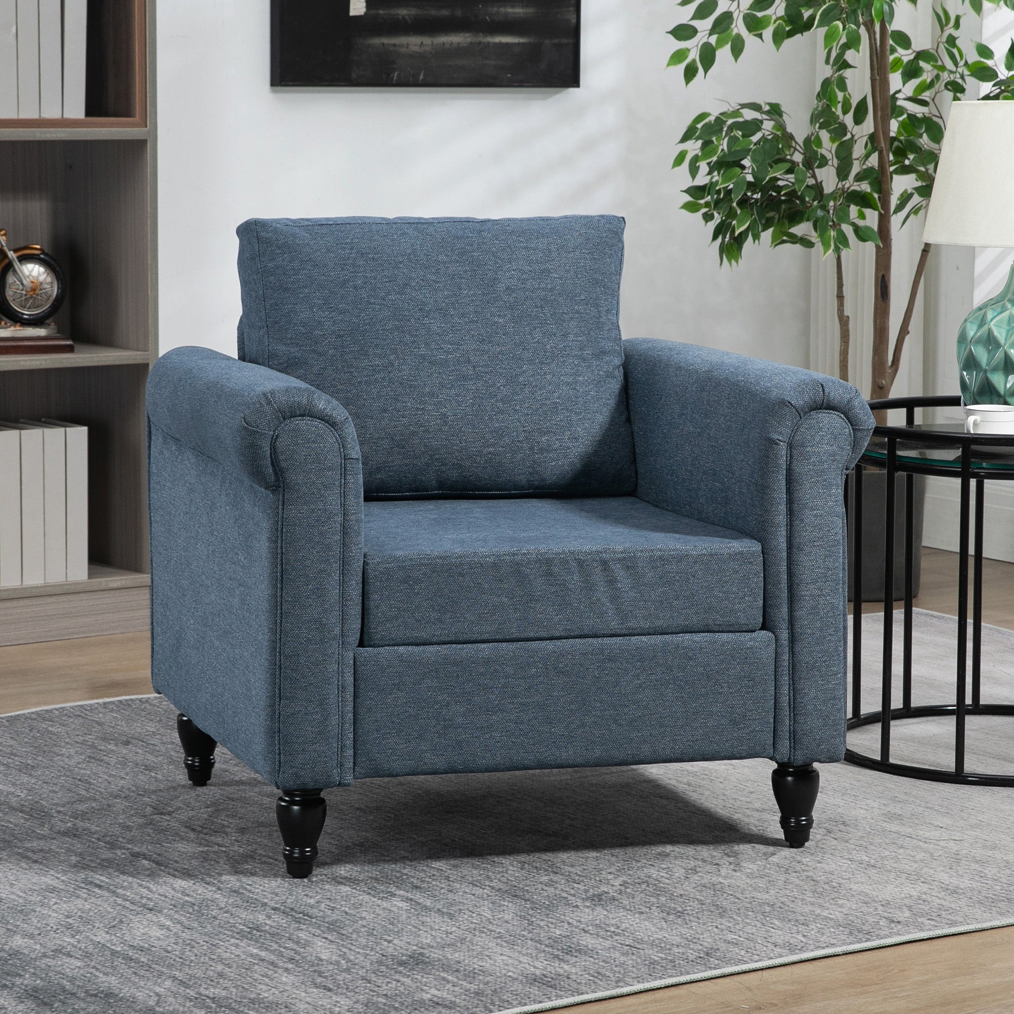 HOMCOM Vintage Accent Chair, Tufted Upholstered Lounge Armchair Single Sofa Chair with Rubber Wood Legs, Rolled Arms, Dark Blue |