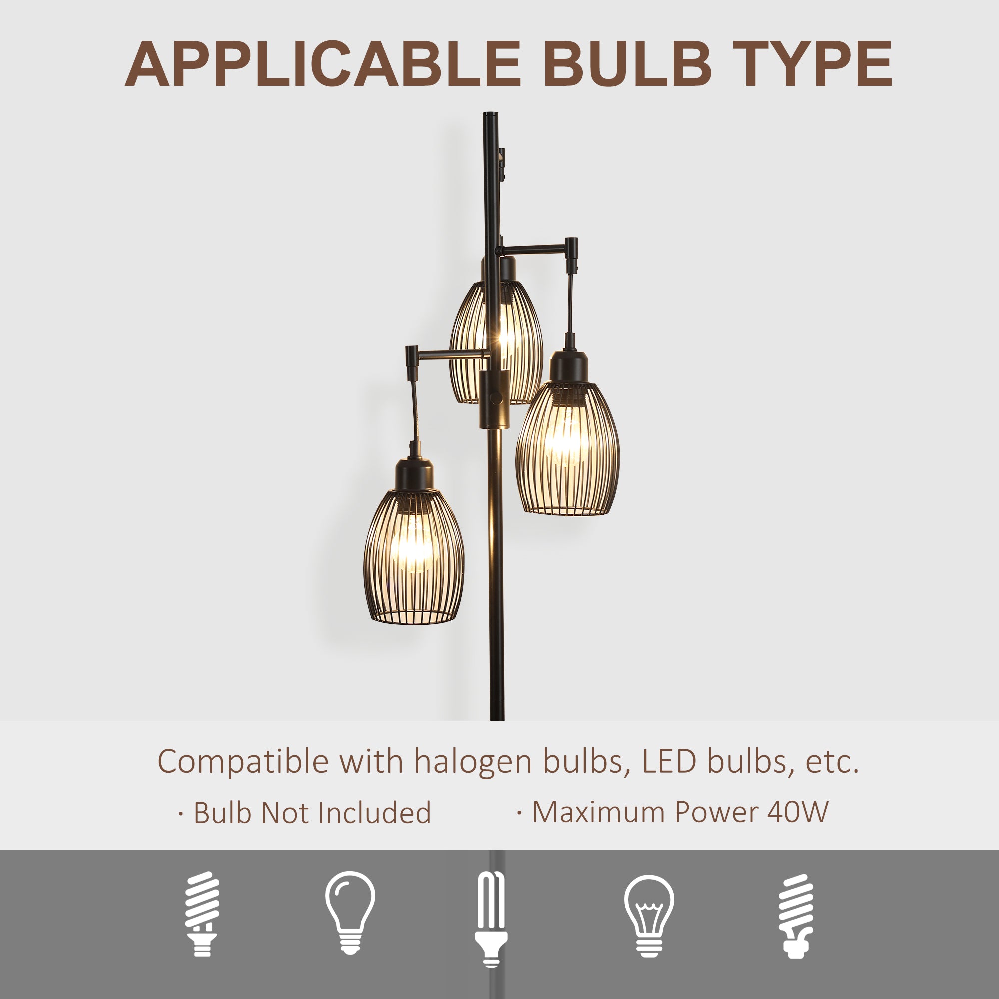 HOMCOM 170cm Industrial 3-Light Floor Lamp, Dimmable Standing Lamp with Steel Lampshades for Living Room, Bedroom, Dinging Room, Study, Black - North Peak Garden Furniture