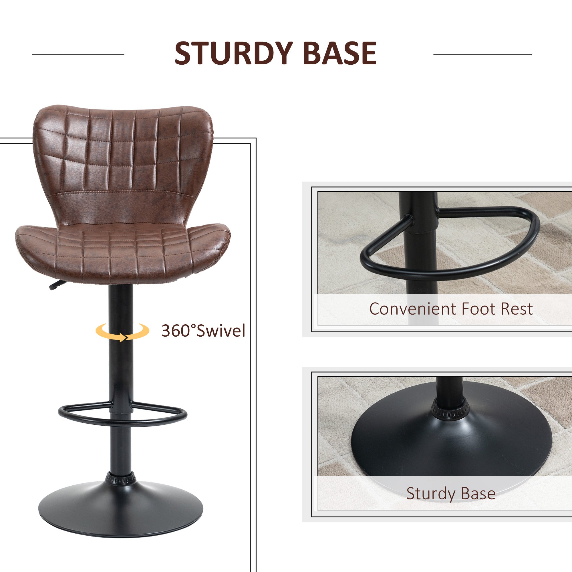 HOMCOM Bar Stools Set of 2 Adjustable Height Swivel Bar Chairs in PU Leather with Backrest & Footrest, Brown - North Peak Garden Furniture