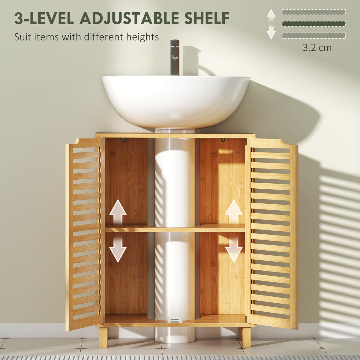 HOMCOM Under Sink Bathroom Cabinet, Freestanding Under Sink Cabinet with Louvered Doors and Adjustable Shelf, Natural