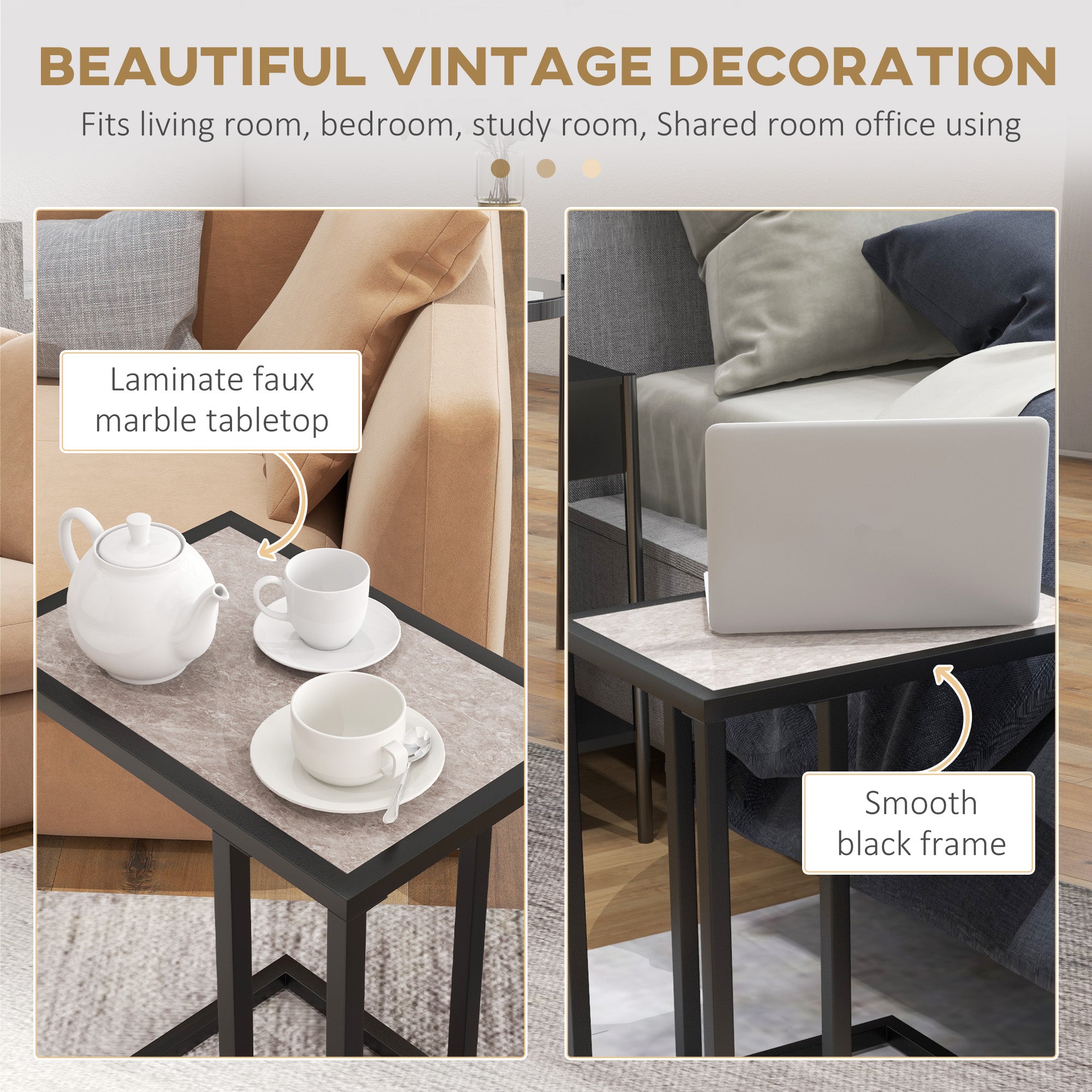 HOMCOM C Shape Bedside Table w/Metal Frame Marble-Effect Top Sofa Narrow Snack End Table for Living Room, Grey - North Peak Garden Furniture