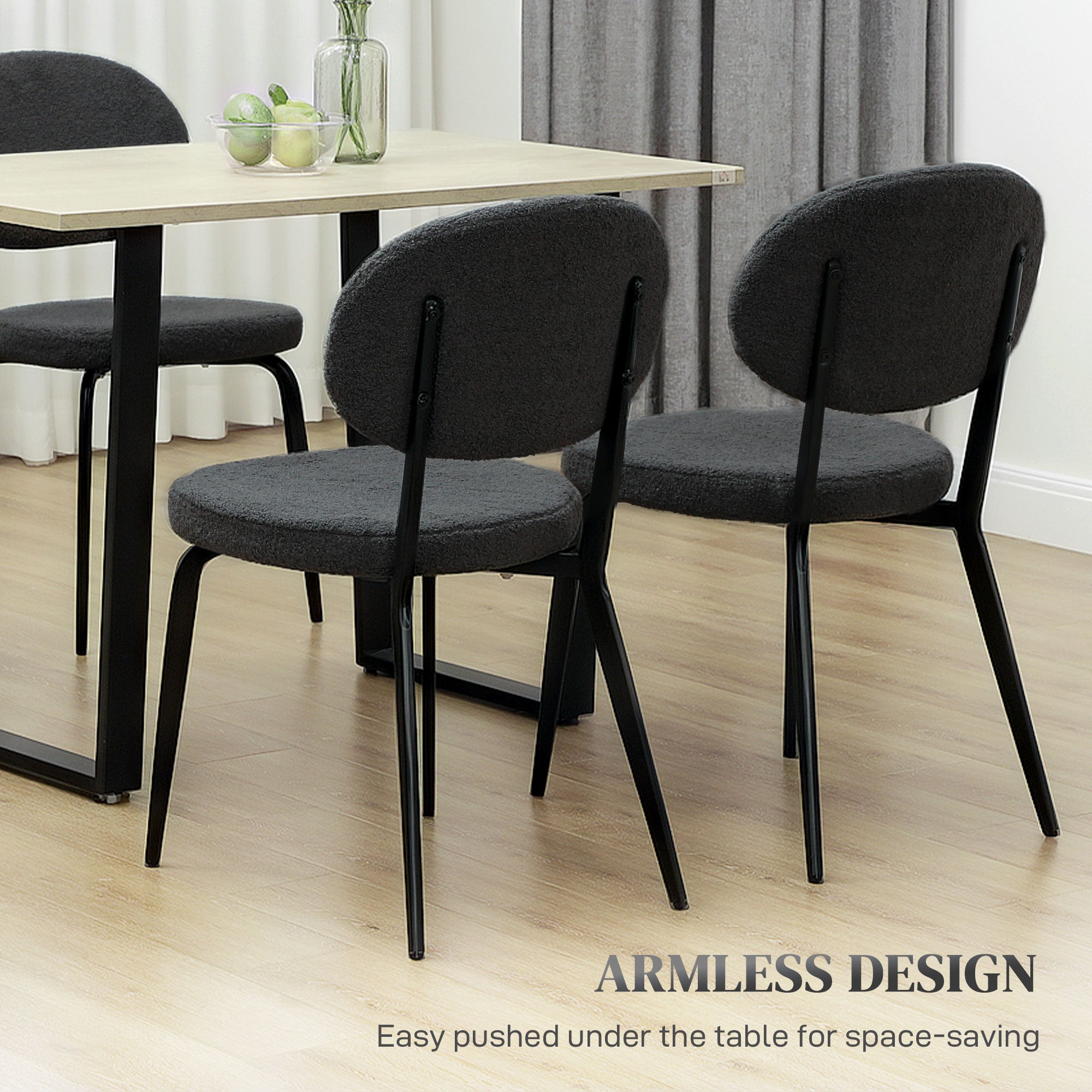 HOMCOM Boucle Dining Chairs Set of 4, Modern Upholstered Sherpa Kitchen Chairs with Backrest, Metal Legs and Padded Seat for Dining Room, Bedroom, Living Room, Black - North Peak Garden Furniture