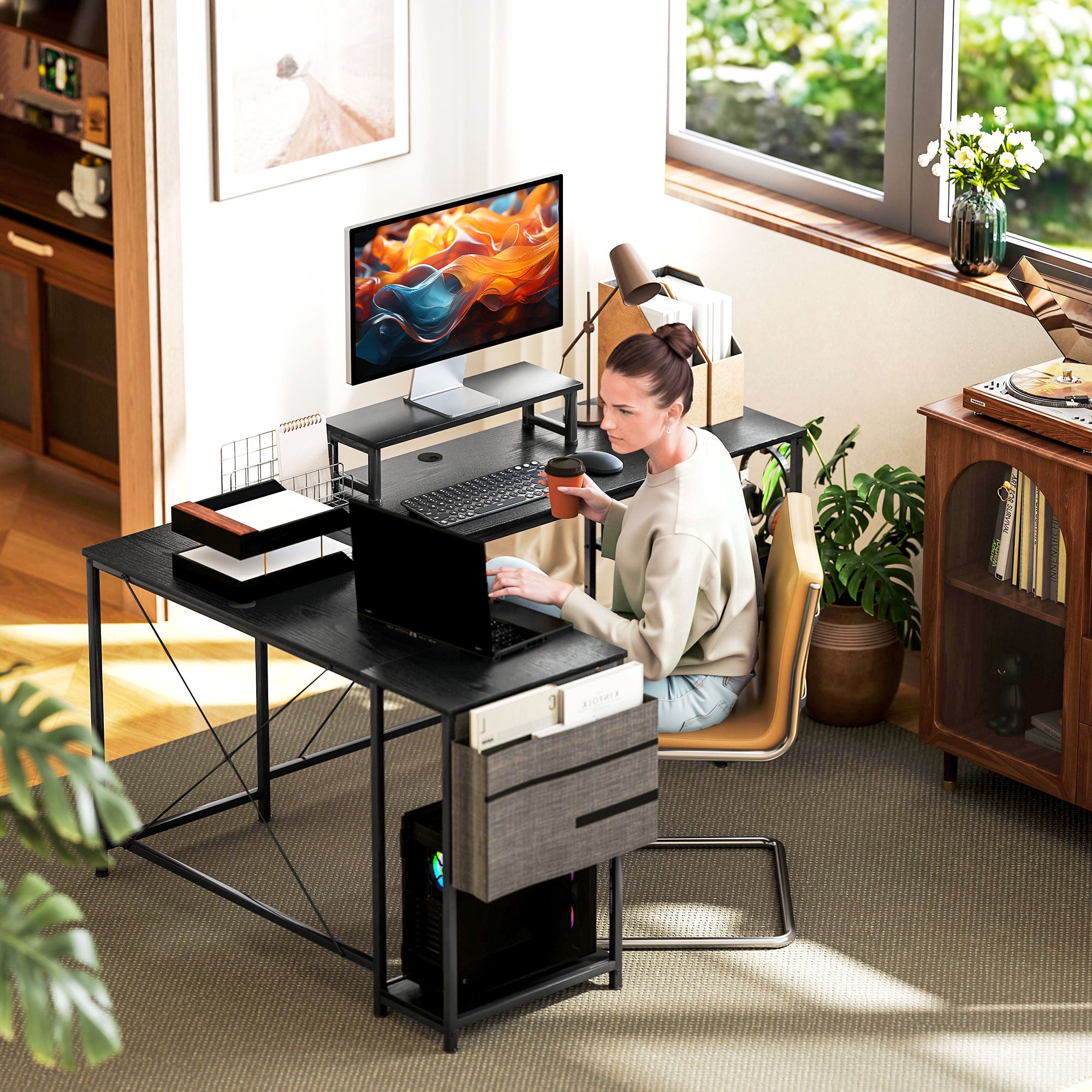 HOMCOM 168cm Reversible L Shaped Desk, Industrial Corner Computer Desk with Adjustable Shelf and Storage Bag, 240cm 2 Person Desk with Monitor Stand, Black - North Peak Garden Furniture