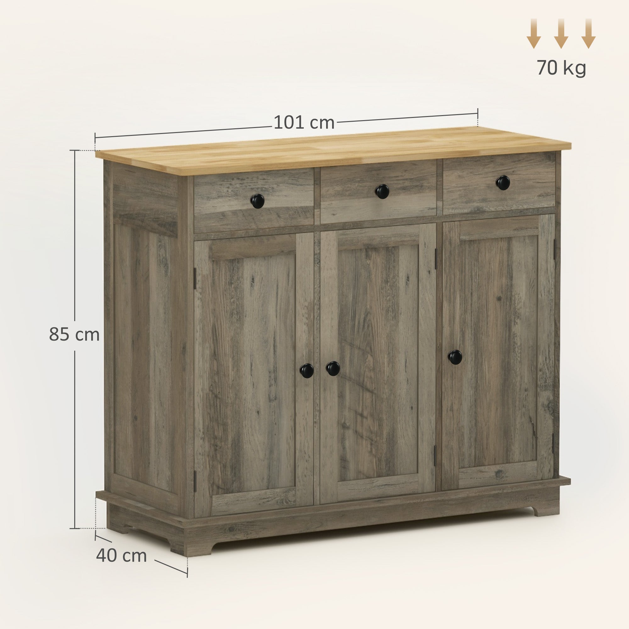 HOMCOM Modern Sideboard with Rubberwood Top, Buffet Cabinet with Storage Cabinets, Drawers and Adjustable Shelves for Dining Room, Kitchen, Grey Wood-Effect - North Peak Garden Furniture