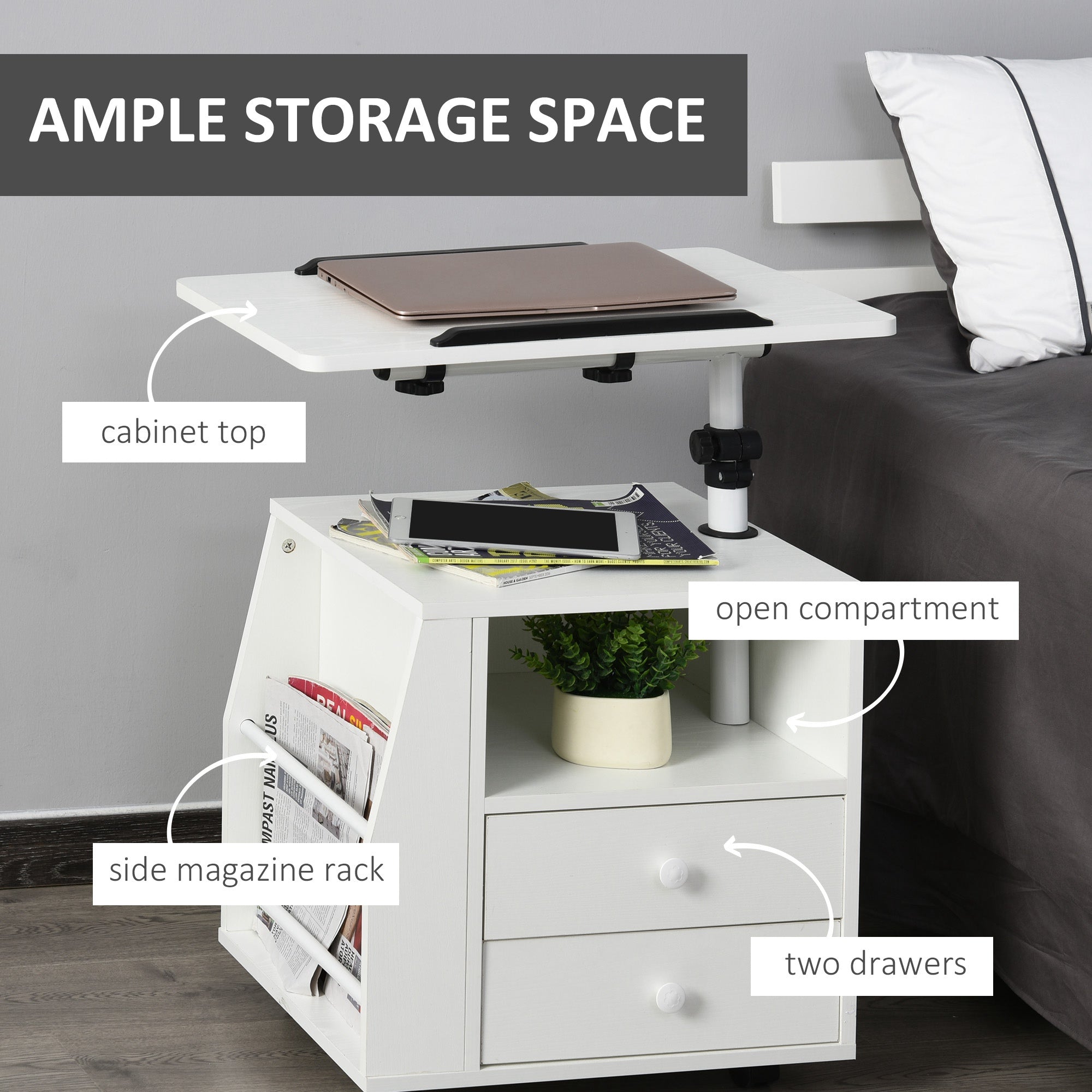 HOMCOM Functional Swivel Bedside Table End Table Side Table for Living Room Nightstand for Bedroom - North Peak Garden Furniture