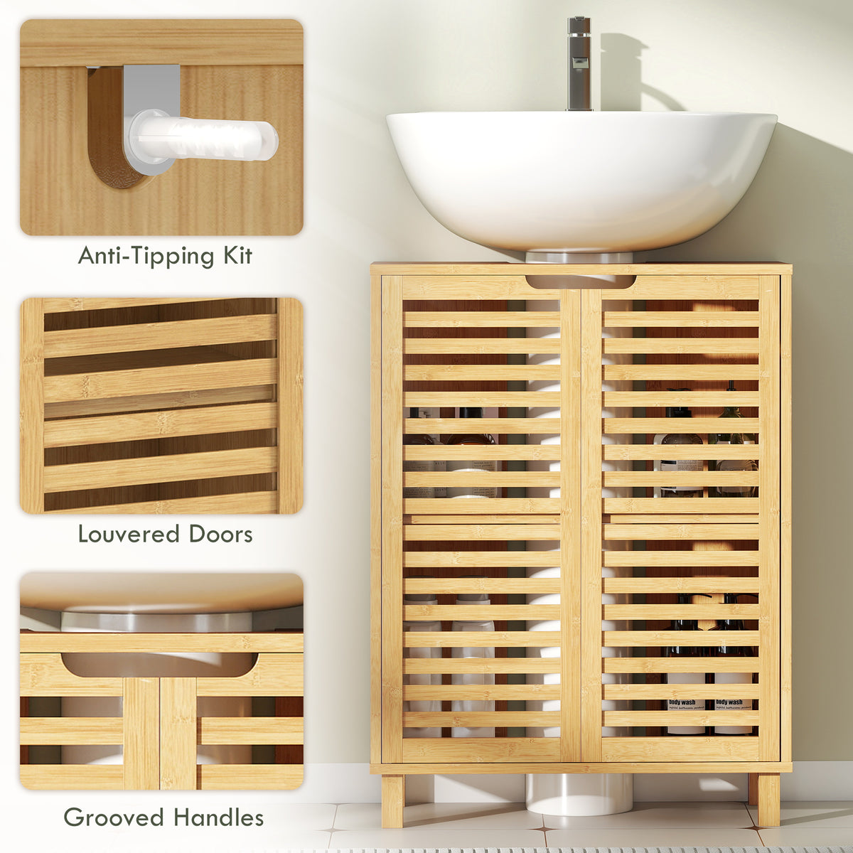 HOMCOM Under Sink Bathroom Cabinet, Freestanding Under Sink Cabinet with Louvered Doors and Adjustable Shelf, Natural