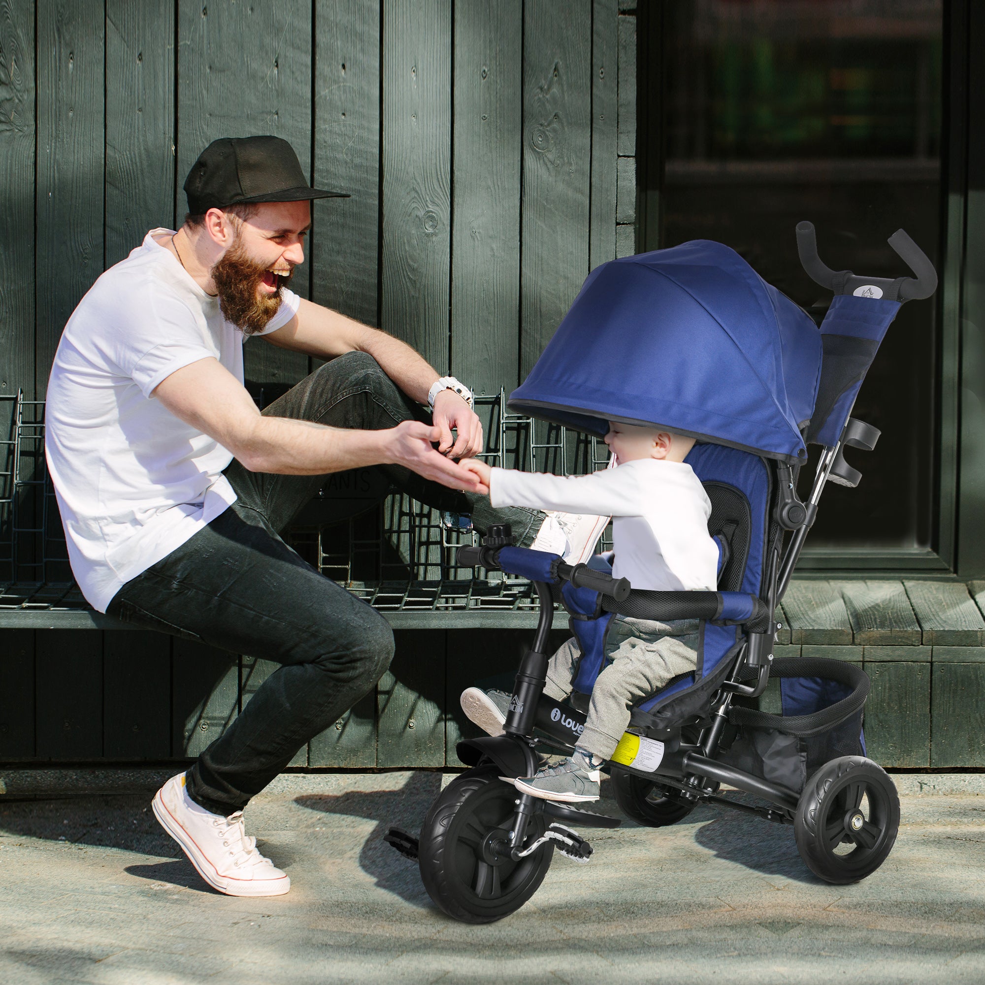 HOMCOM 6 in 1 Kids Trike Push Bike w/ Push Handle, Canopy, 5-point Safety Belt, Storage, Footrest, Brake, for 1-5 Years, Blue - North Peak Garden Furniture