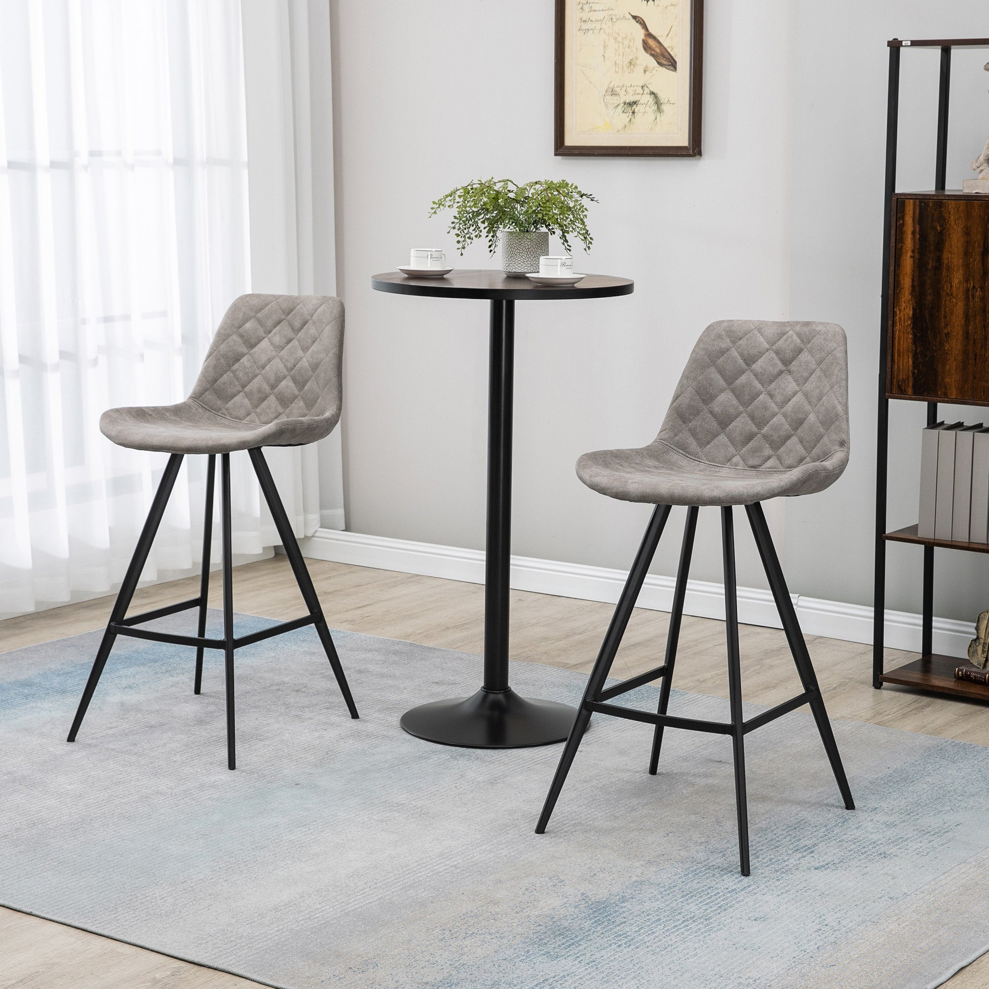 HOMCOM Set Of 2 Bar Stools Vintage Microfiber Cloth Tub Seats Padded Comfortable Steel Frame Footrest Quilted Home Bar Cafe Kitchen Chair Stylish Grey - North Peak Garden Furniture