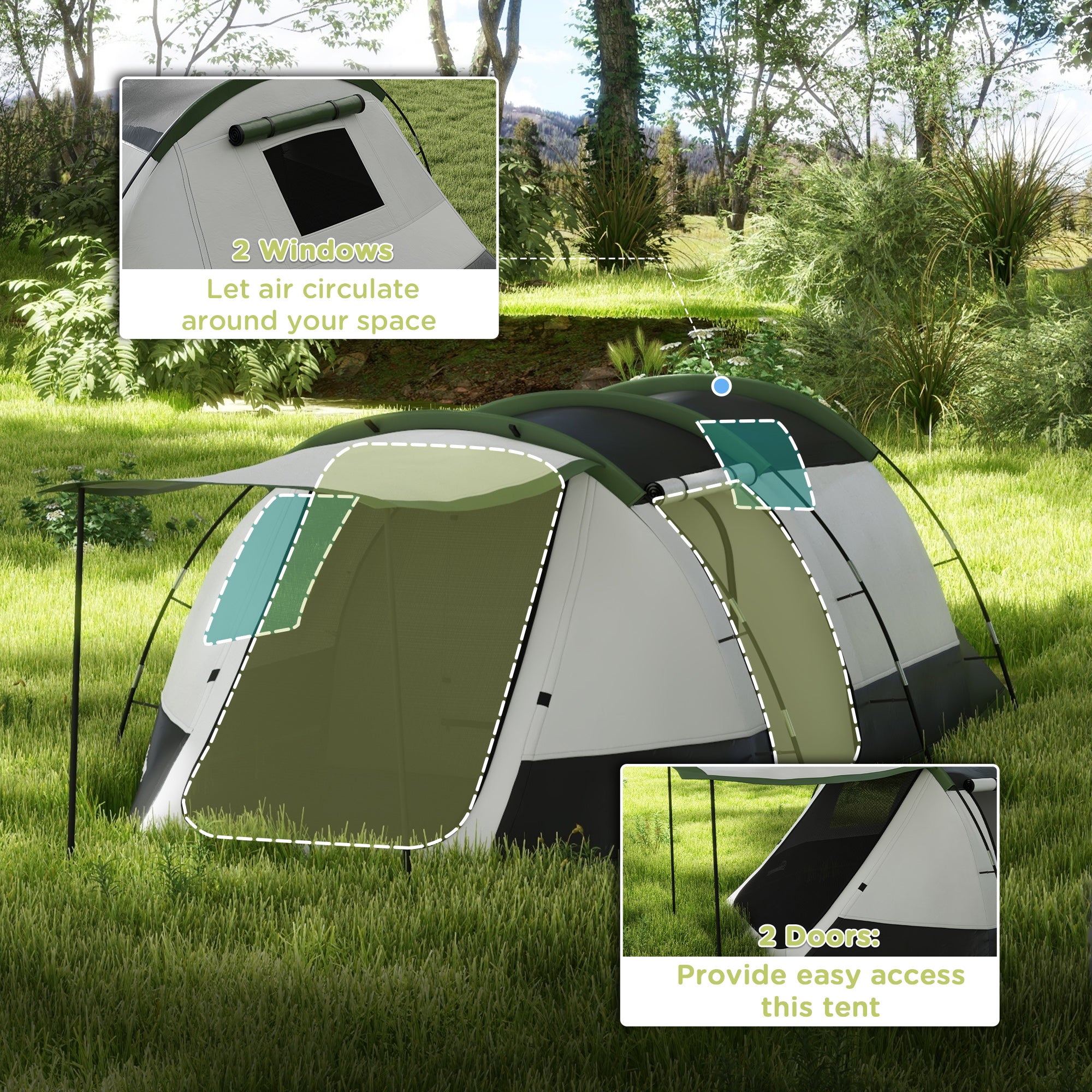 Outsunny Three-Man Camping Tent, with Two Rooms and Porch - Green - North Peak Garden Furniture