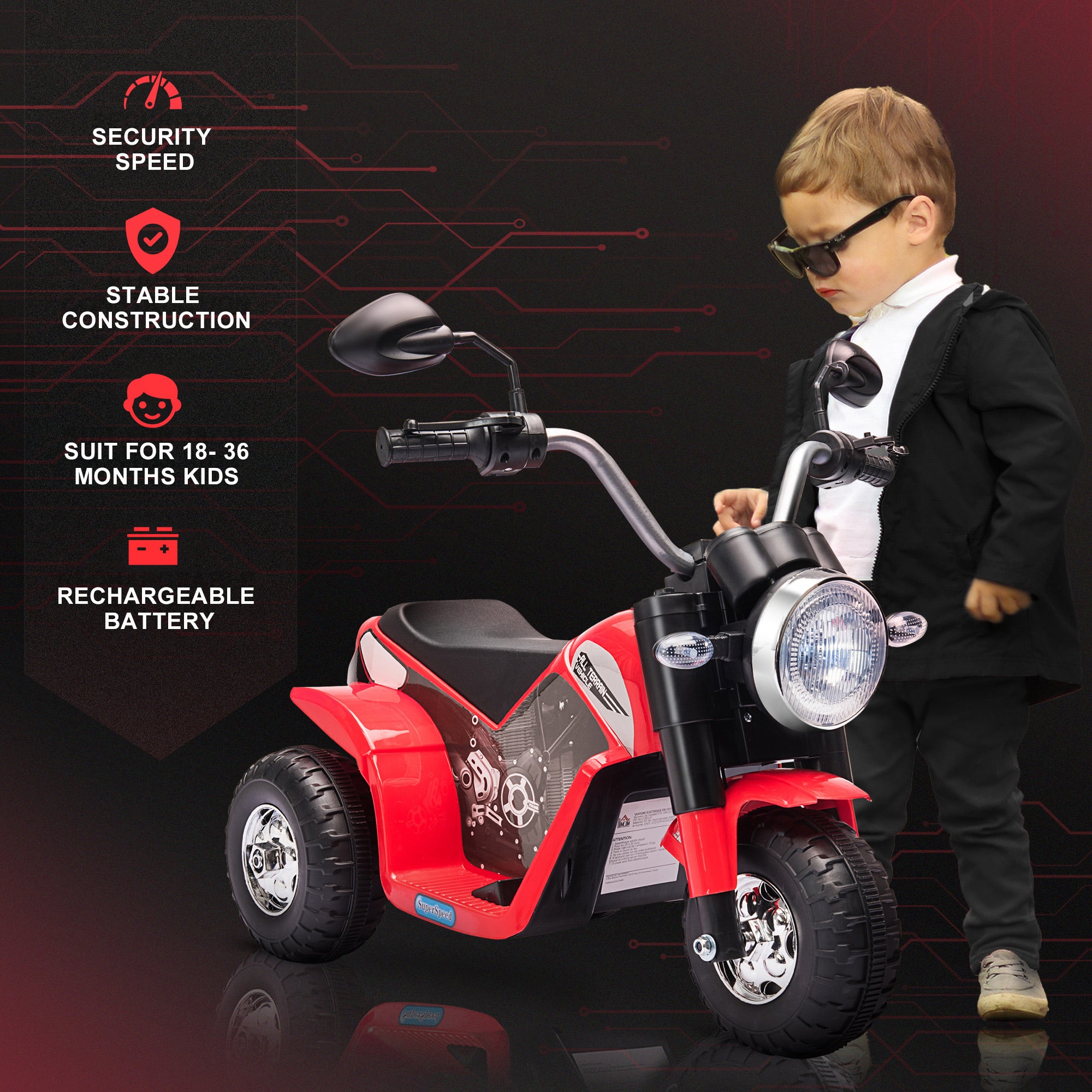 HOMCOM 6V Kids Electric Motorbike 3 Wheels Ride On Toy with Horn Headlights Realistic Sounds for Girl Boy 18 - 36 Months Red - North Peak Garden Furniture