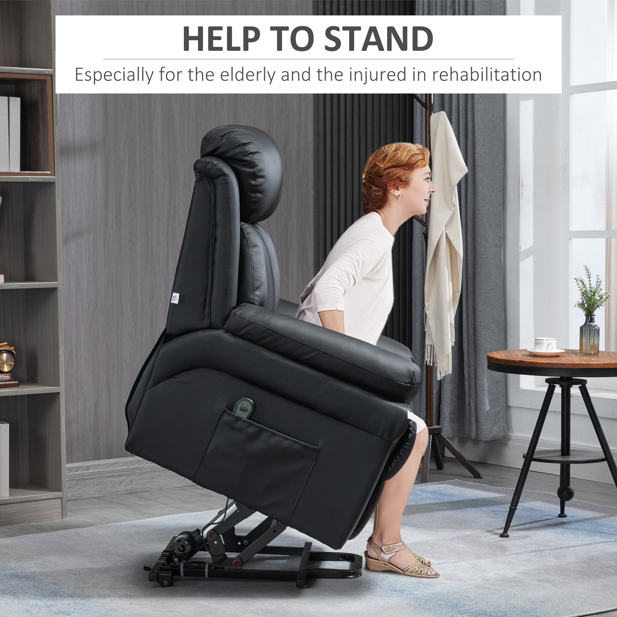 HOMCOM Power Lift Recliner Armchair, Electric Lift Chair for Elderly, Overstuffed Faux Leather, Riser and Reclining Chair with Remote Control, Side Pockets, Extended Footrest, for Living Room, Black - North Peak Garden Furniture