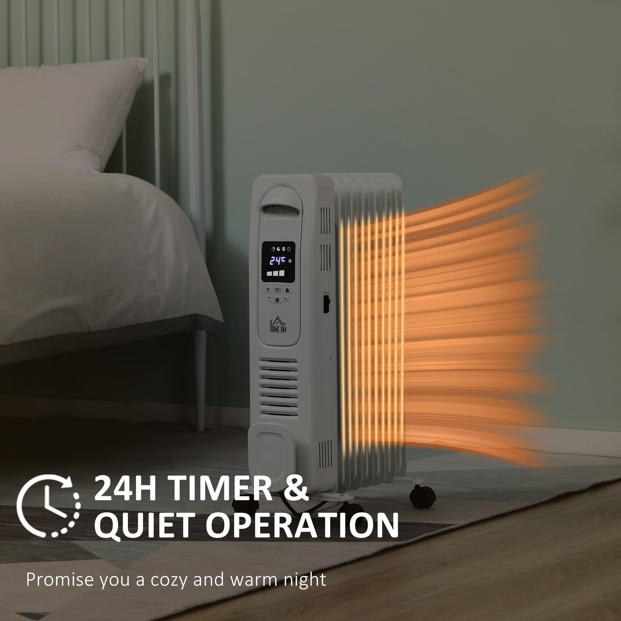 HOMCOM 1500W Digital Oil Filled Radiator, 7 Fin, Portable Electric Heater with LED Display, Built-in Timer, 3 Heat Settings, Safety Cut-Off and Remote Control, White - North Peak Garden Furniture