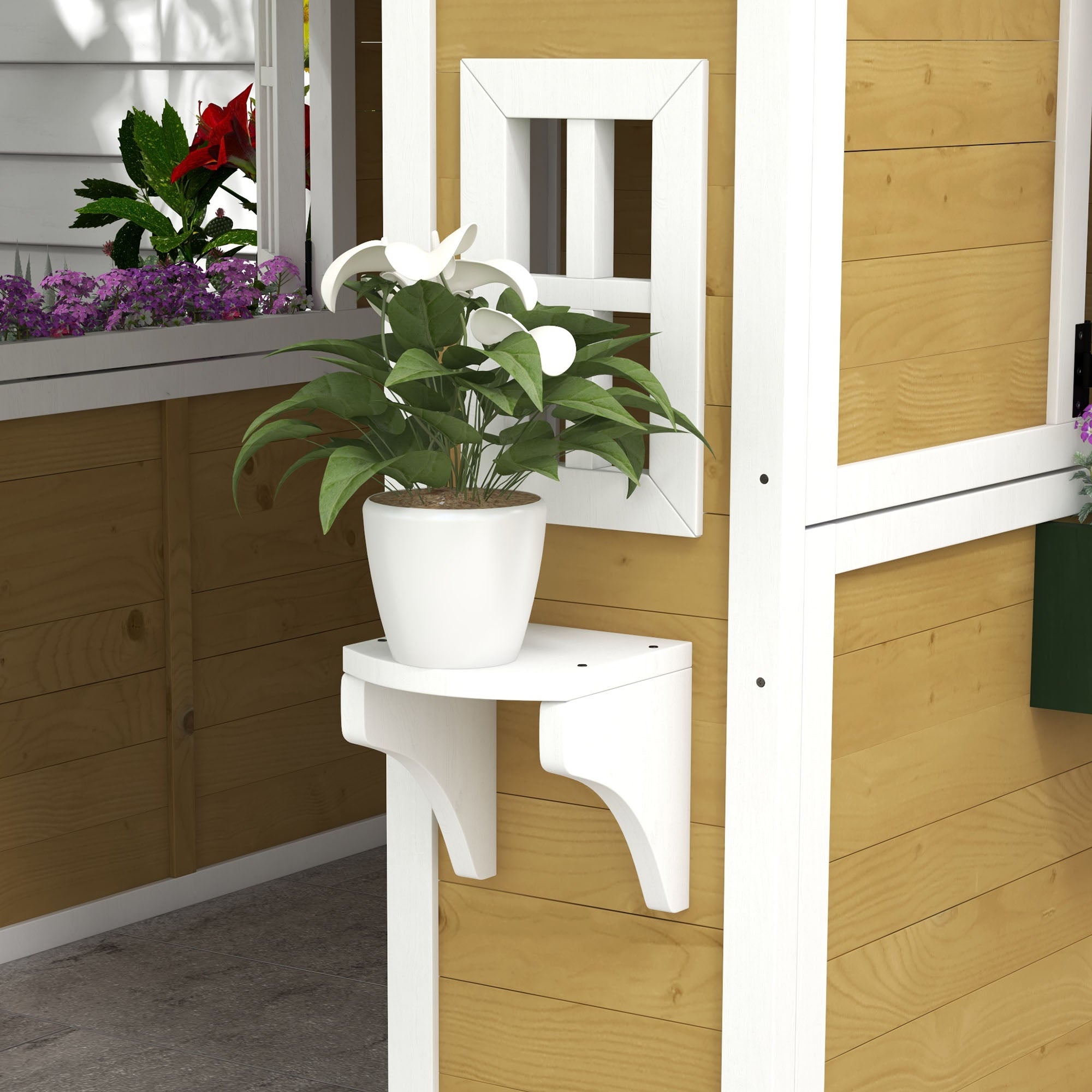 Outsunny Wooden Playhouse with Doors, Windows, Plant Pots, Boxes, for 3-8 Years - Beige - North Peak Garden Furniture