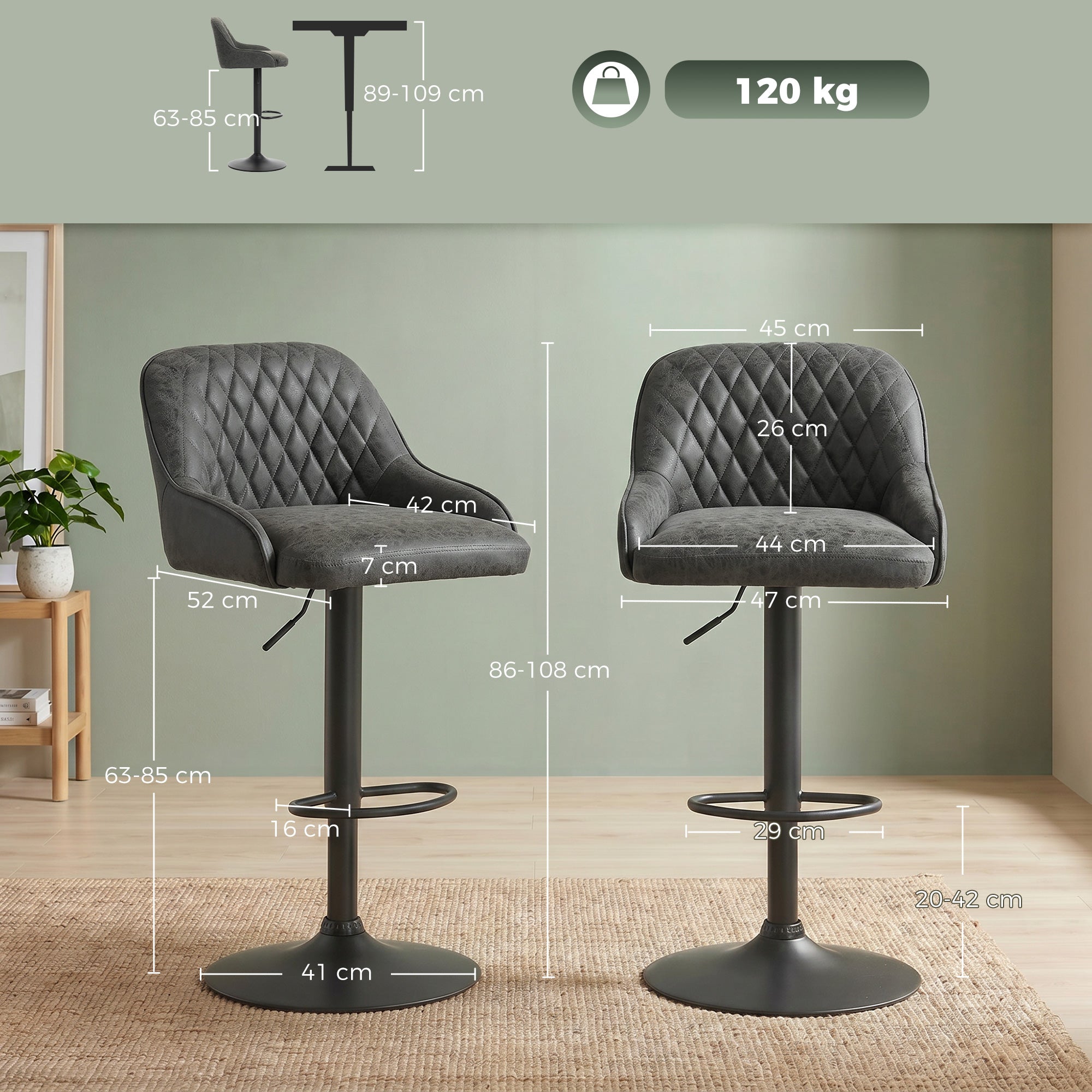 HOMCOM Bar Stools Adjustable Swivel Kitchen Chairs with Backrest Set of 2 for Kitchen Island Dark Grey