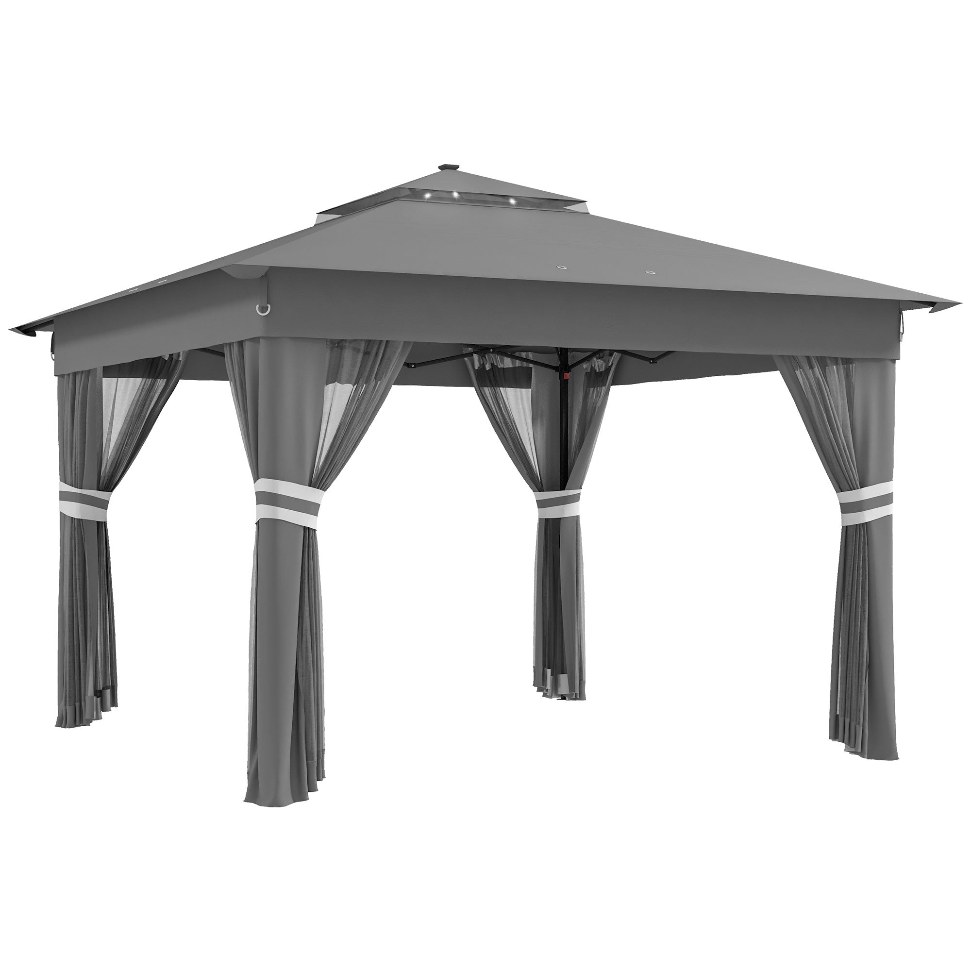 Outsunny 3 x 3(m) Pop Up Gazebo Party Tent with Solar-Powered LED Lights, Adjustable Event Shelter with Netting, Grey - North Peak Garden Furniture