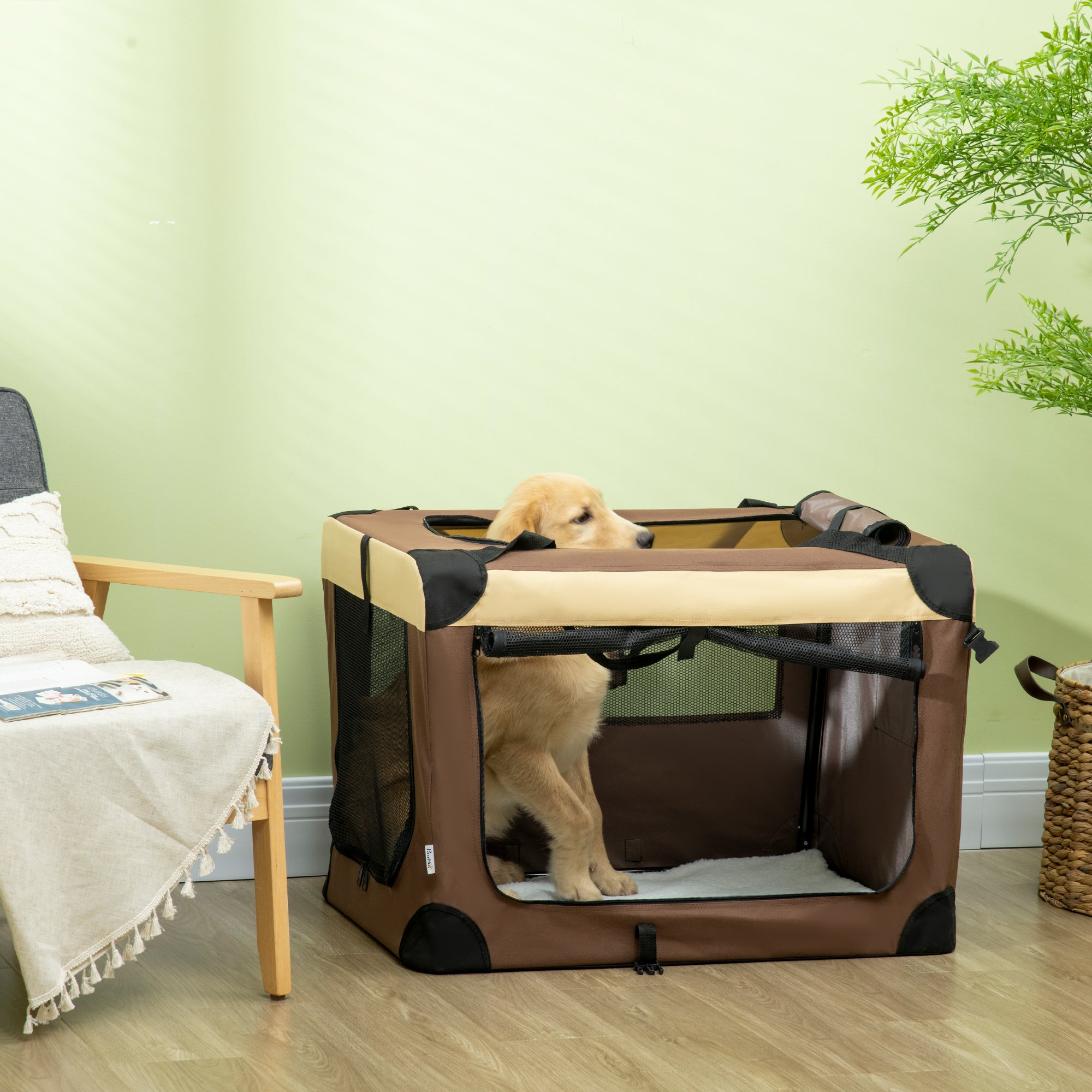 PawHut 81cm Foldable Pet Carrier, with Cushion, for Medium Dogs and Cats - Brown - North Peak Garden Furniture