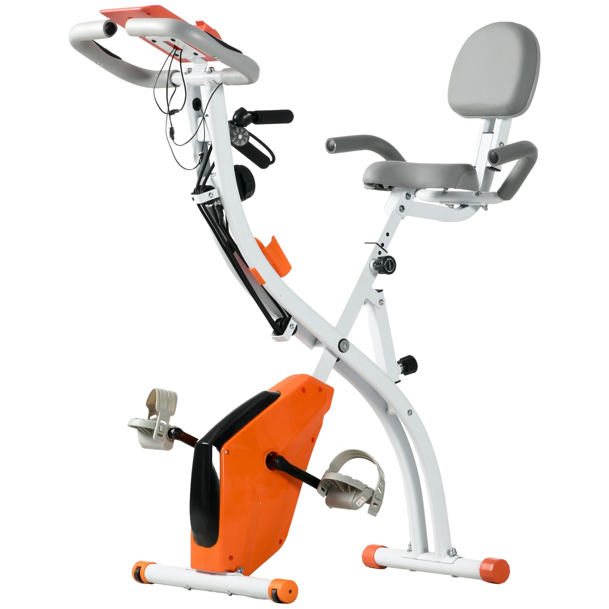 HOMCOM 2-in-1 Folding Exercise Bike with 8-Level Magnetic Resistance, Arm Resistance Band, Pulse Sensor, Orange - North Peak Garden Furniture