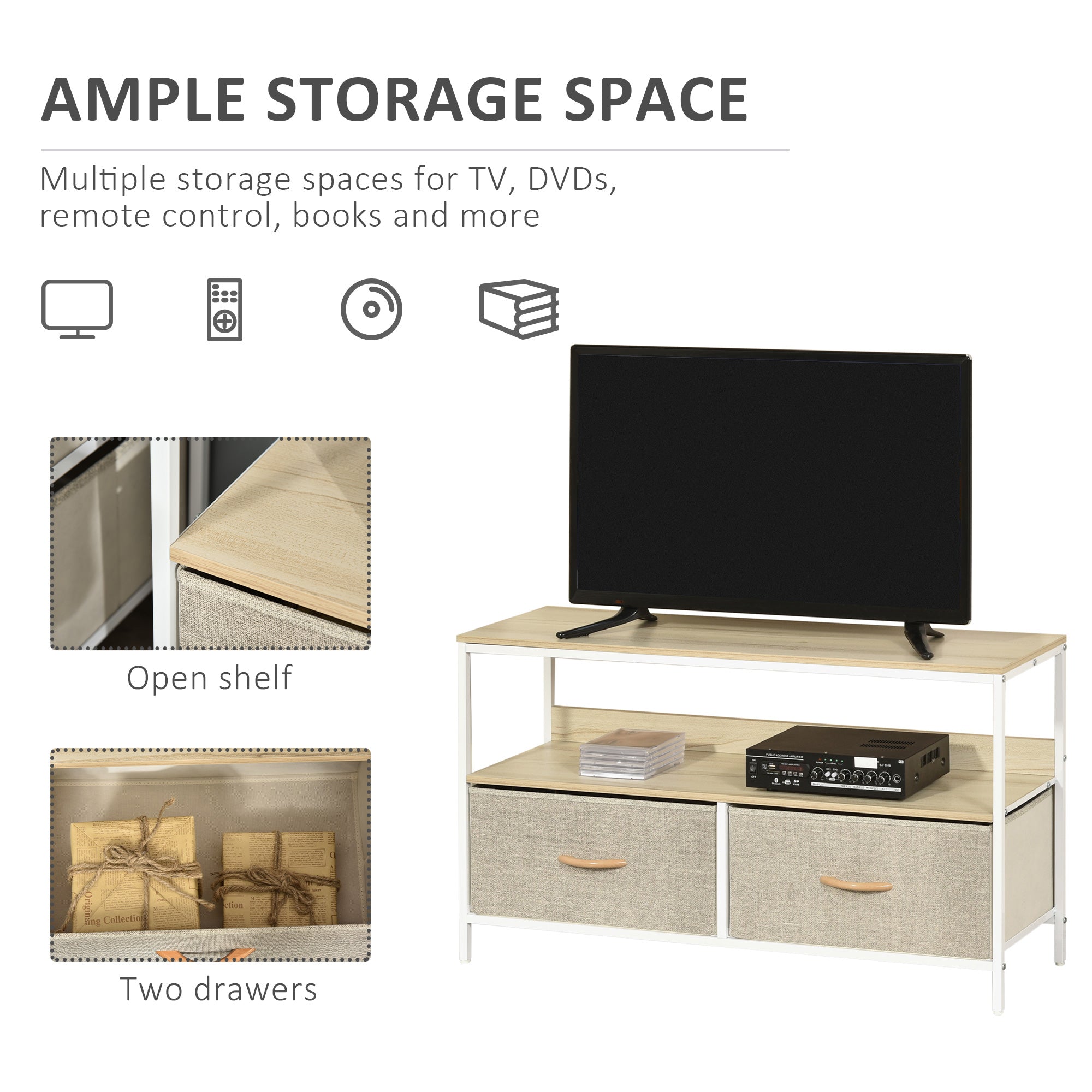 HOMCOM TV Cabinet for 47-inch TVs, TV Console Unit with 2 Foldable Linen Drawers, TV Stand with Shelving for Living Room, Entertainment Room, Maple Wood Effect - North Peak Garden Furniture